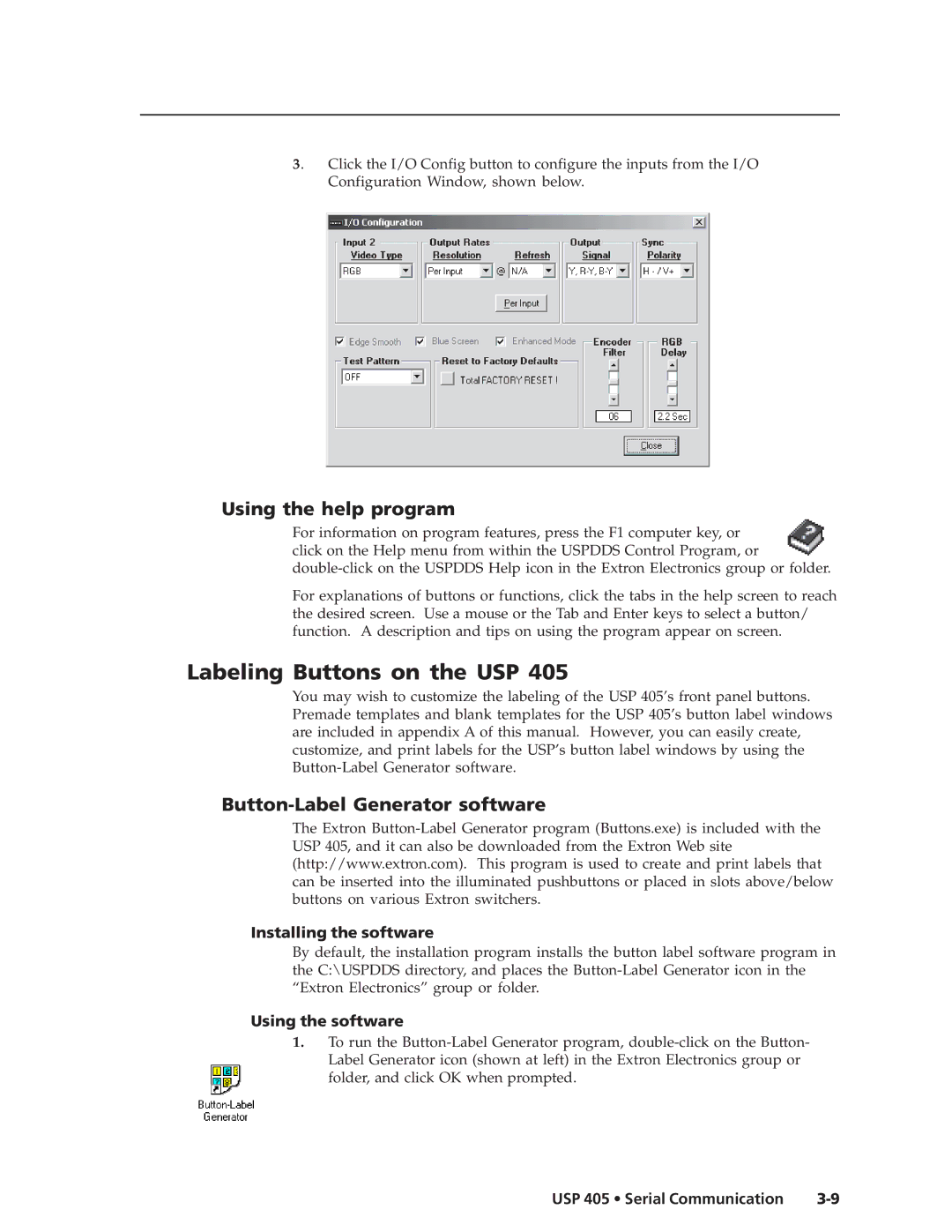 Extron electronic USP 405 manual Labeling Buttons on the USP, Using the help program, Button-Label Generator software 