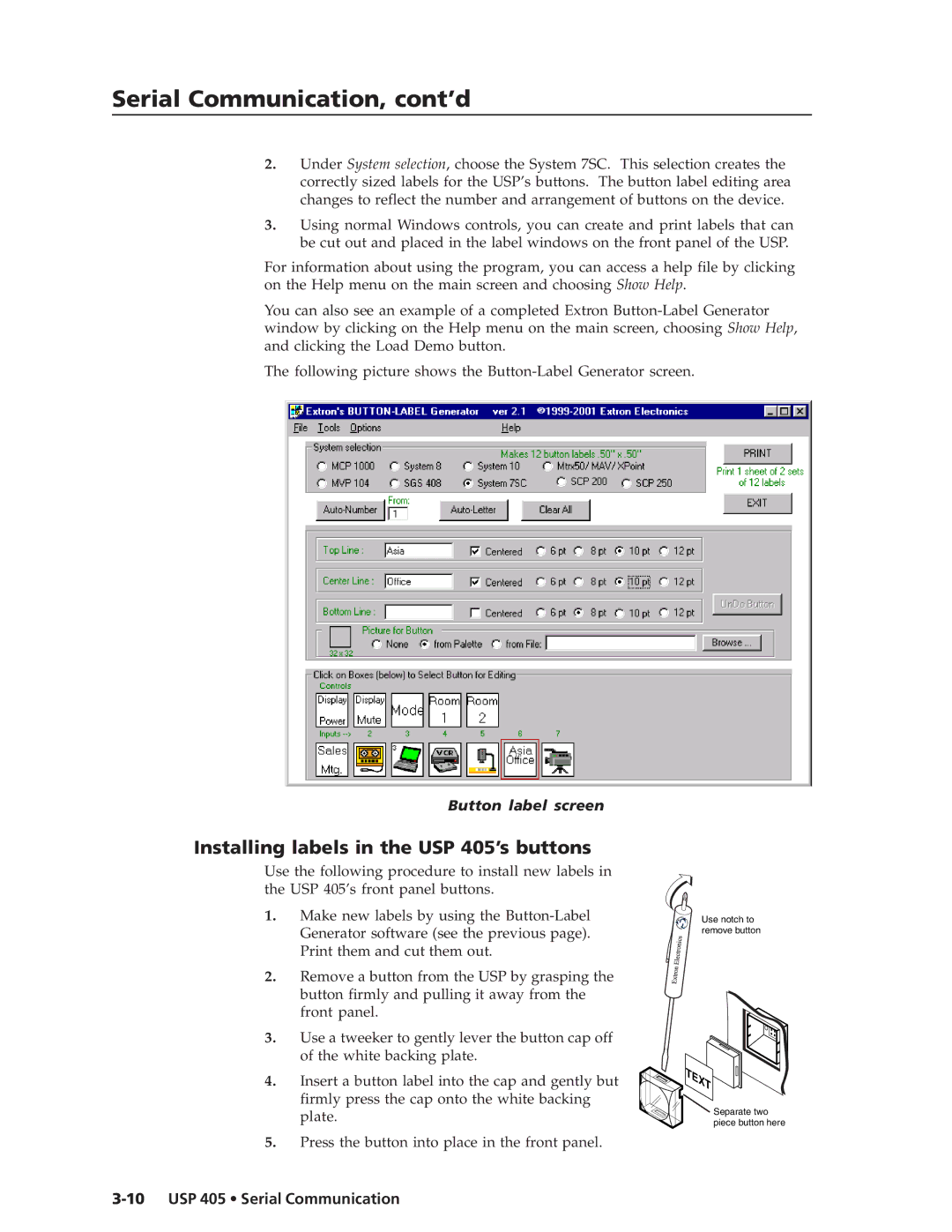 Extron electronic manual Installing labels in the USP 405’s buttons, Button label screen 