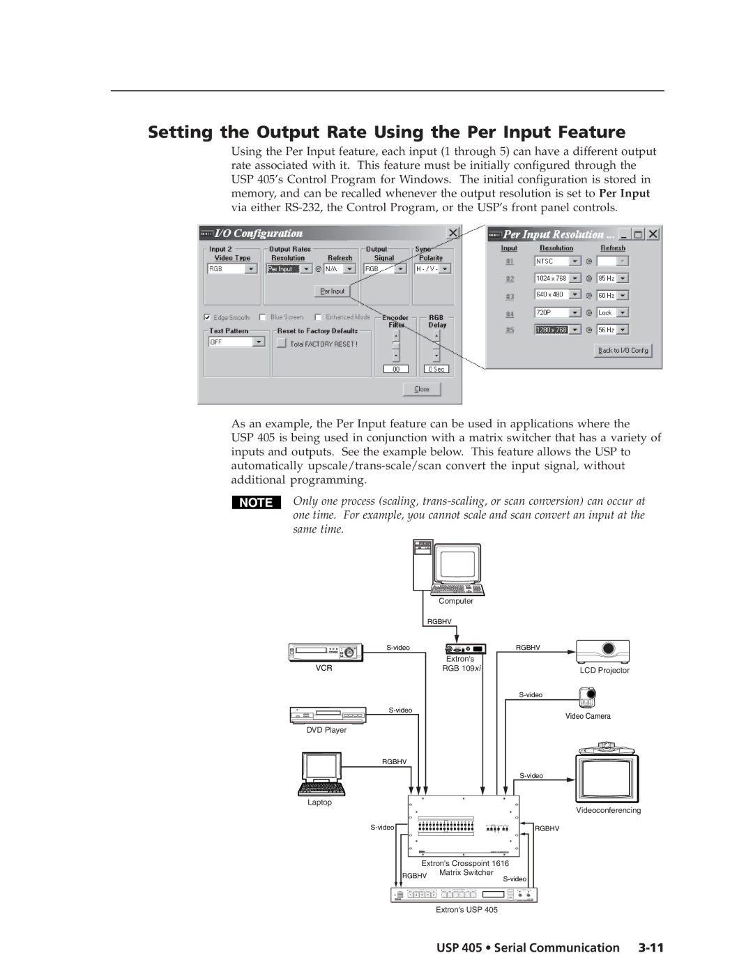 Extron electronic USP 405 manual Setting the Output Rate Using the Per Input Feature, Vcr 