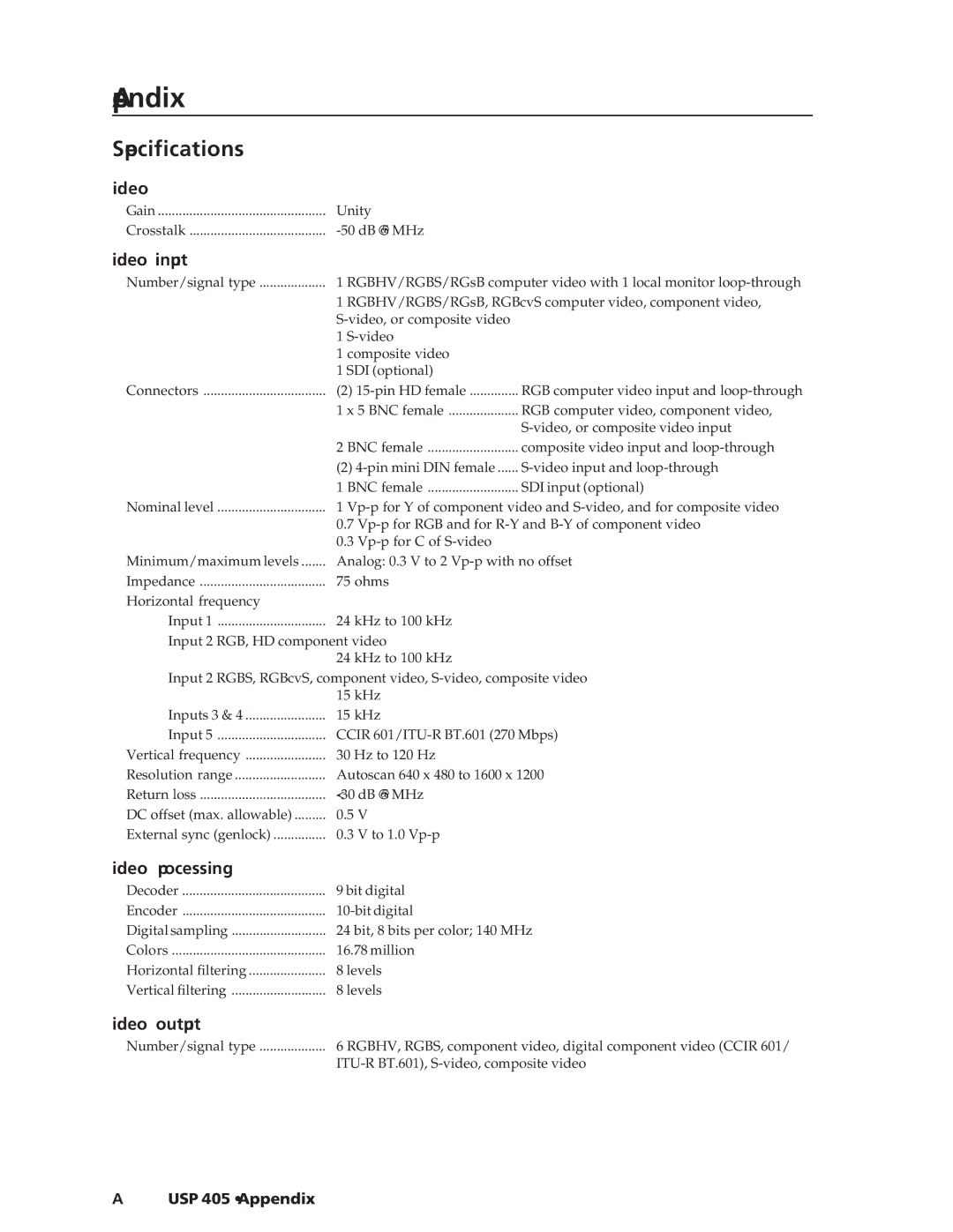 Extron electronic manual Specifications, USP 405 Appendix 