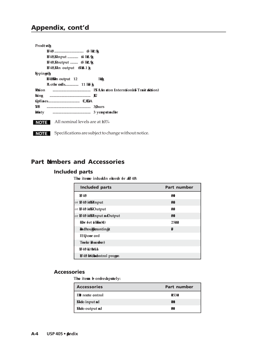 Extron electronic USP 405 manual Part Numbers and Accessories, Included parts Part number, Accessories Part number 