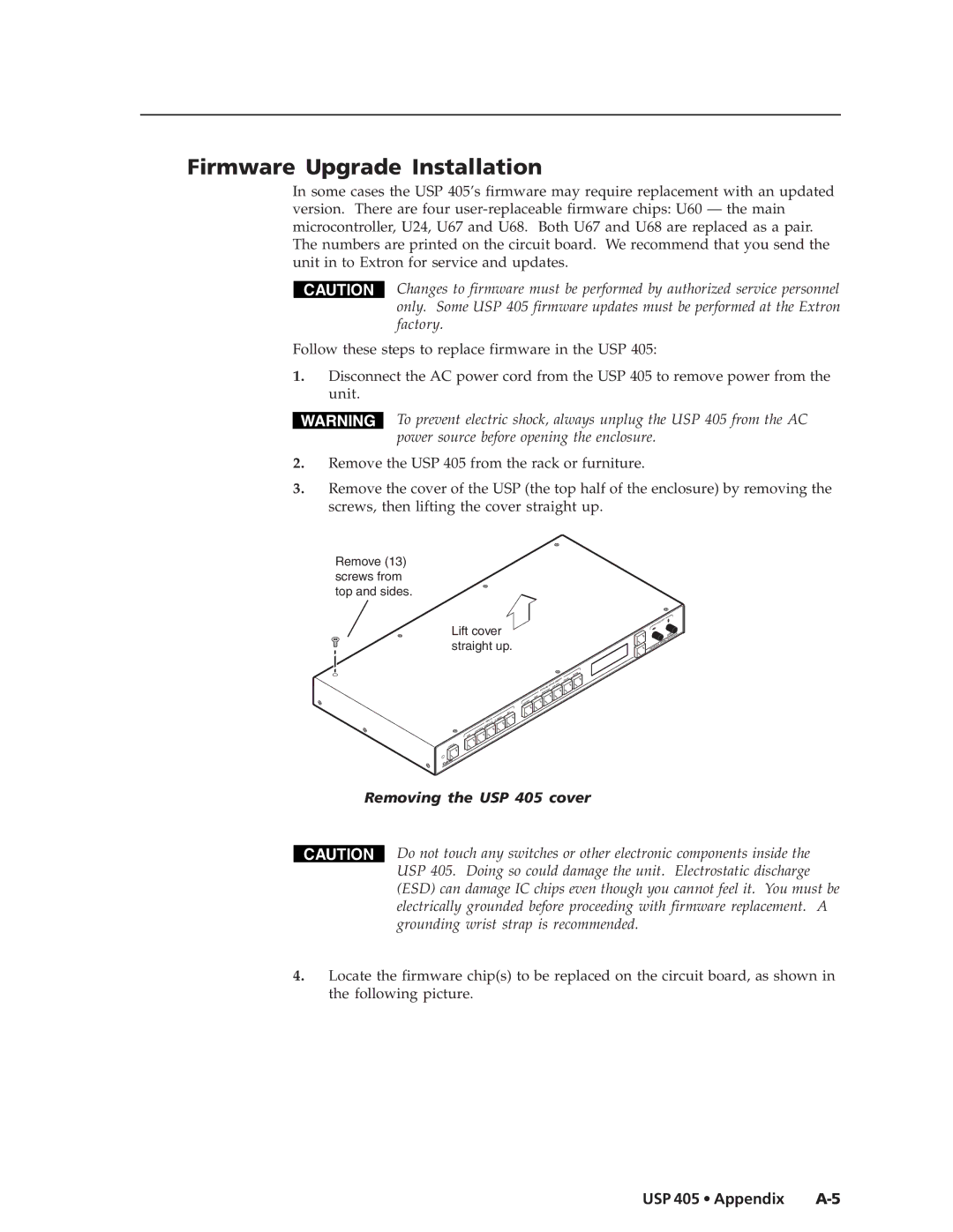 Extron electronic manual Firmware Upgrade Installation, Removing the USP 405 cover 