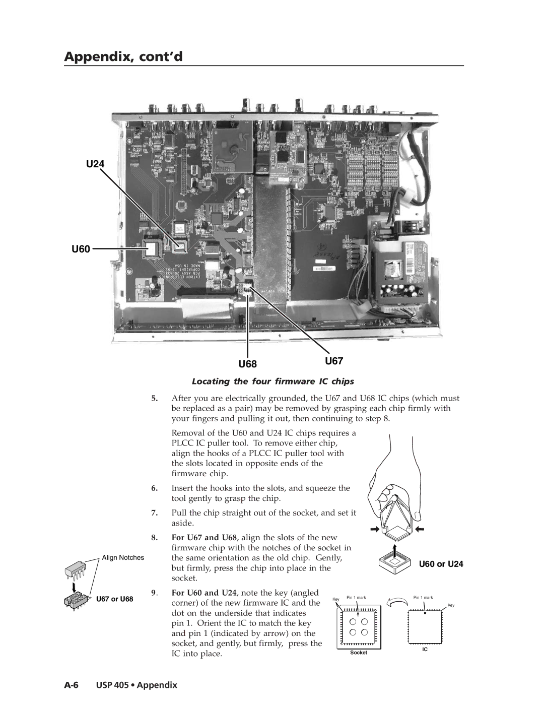 Extron electronic USP 405 manual U24 U60 U68U67, Locating the four firmware IC chips 