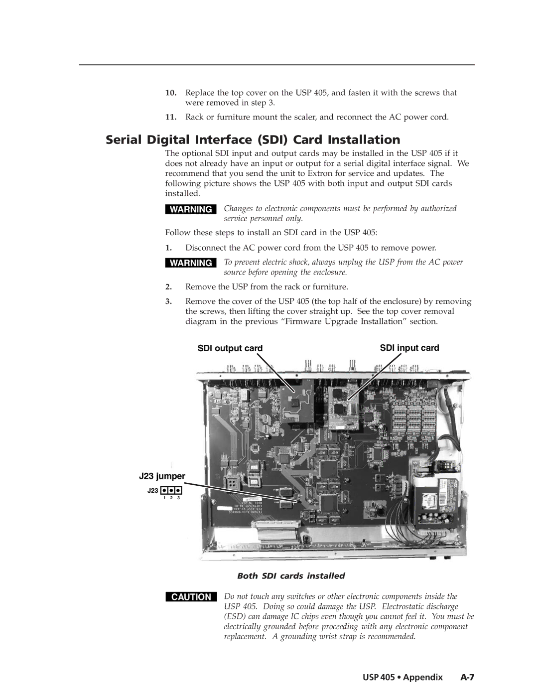 Extron electronic USP 405 manual Serial Digital Interface SDI Card Installation, Both SDI cards installed 