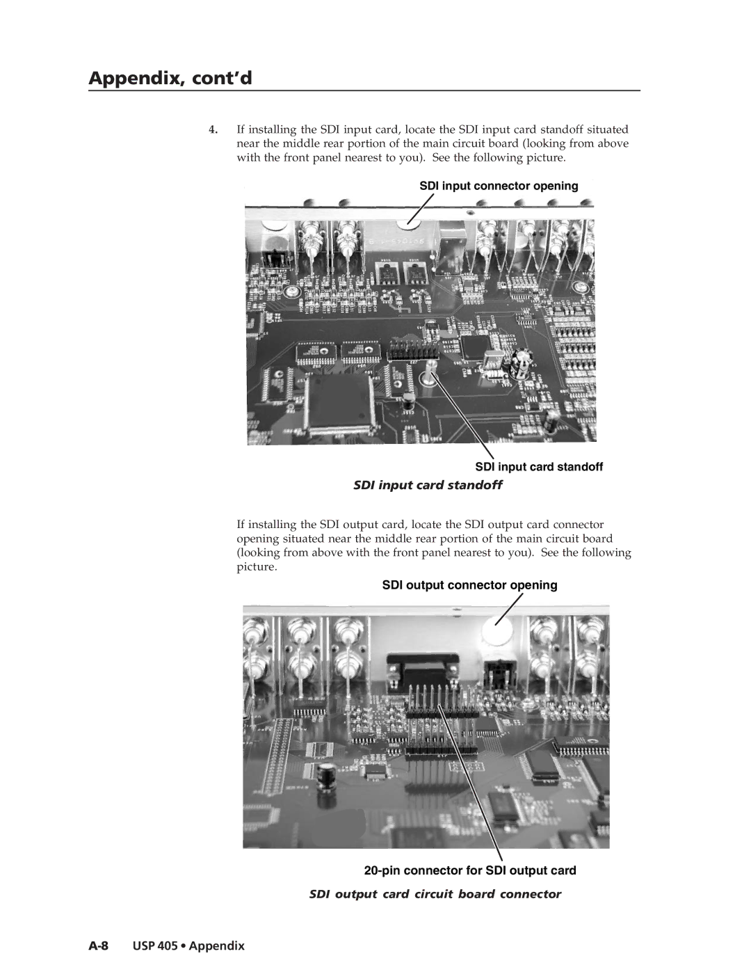 Extron electronic USP 405 manual SDI input card standoff, SDI output card circuit board connector 