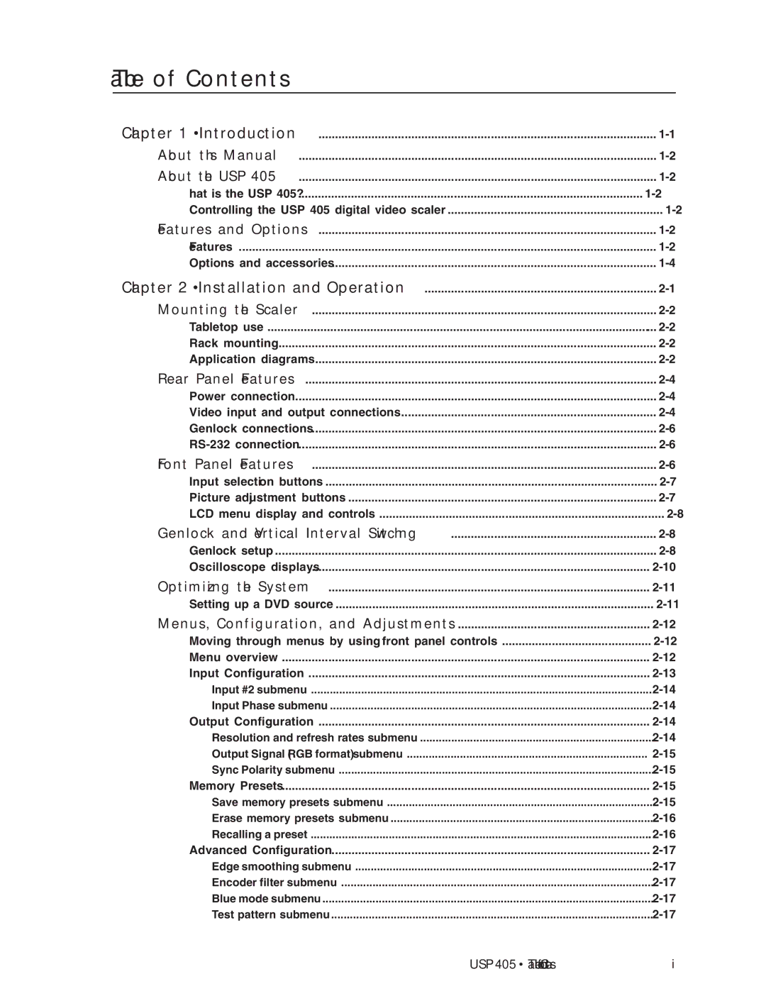 Extron electronic USP 405 manual Table of Contents 