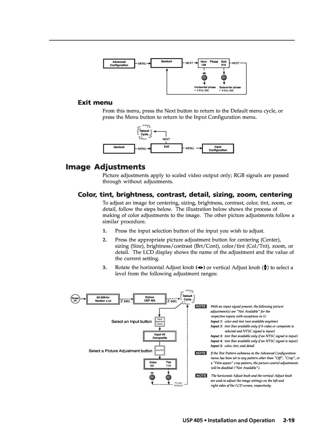 Extron electronic manual Image Adjustments, Exit menu, USP 405 Installation and Operation 
