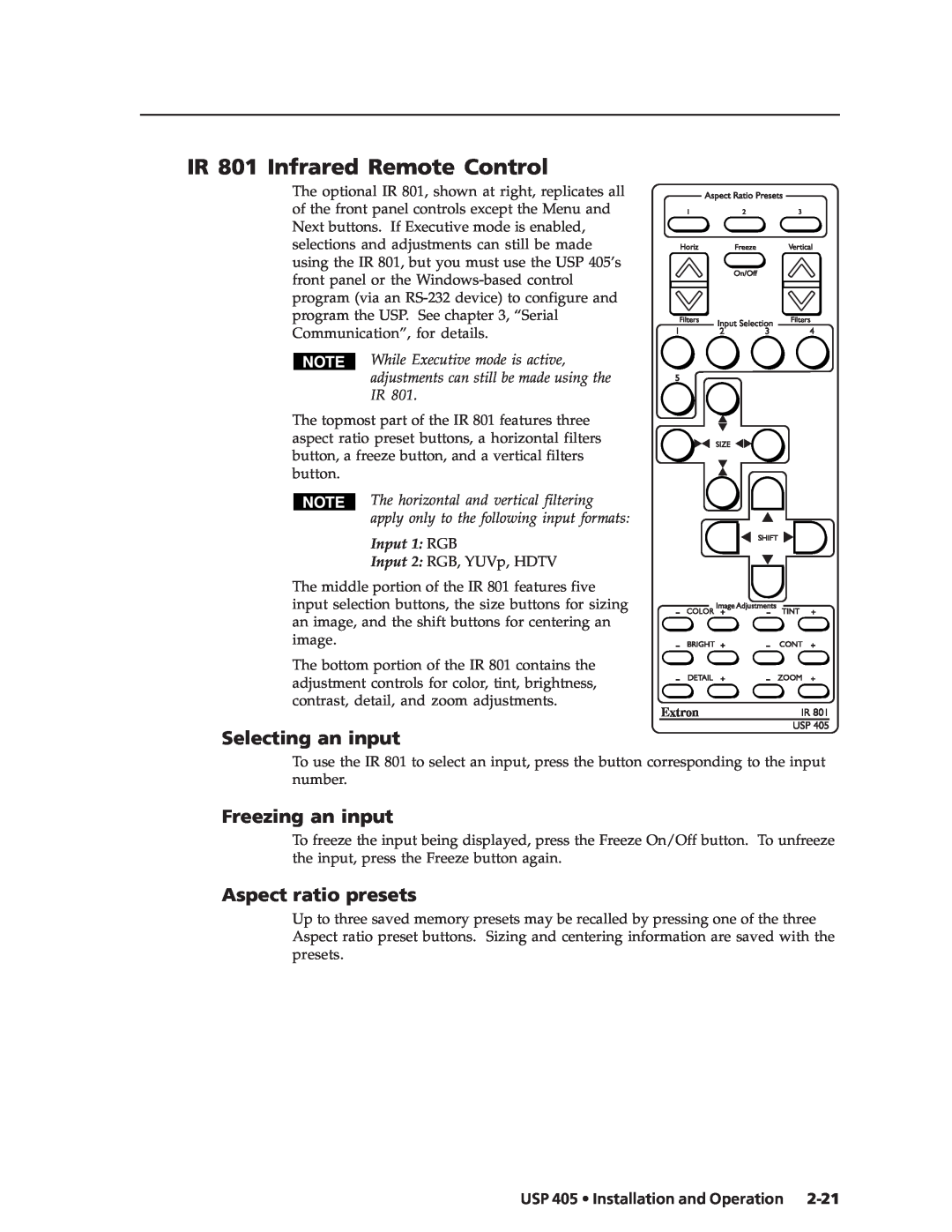 Extron electronic USP 405 IR 801 Infrared Remote Control, Selecting an input, Freezing an input, Aspect ratio presets 