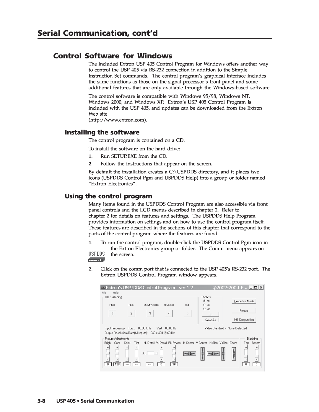 Extron electronic USP 405 manual Control Software for Windows, Installing the software, Using the control program 