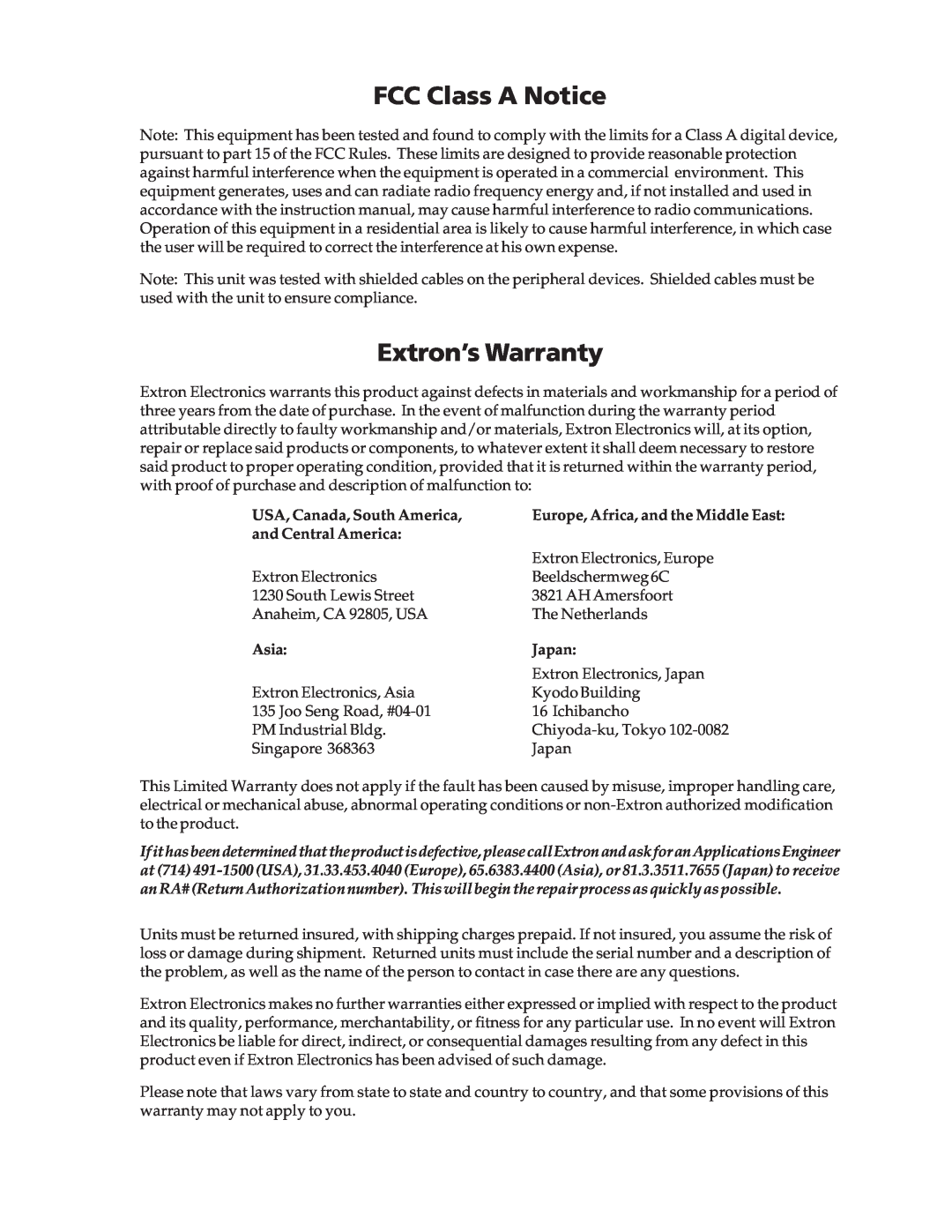 Extron electronic USP 405 FCC Class A Notice, Extron’s Warranty, USA, Canada, South America, and Central America, Asia 
