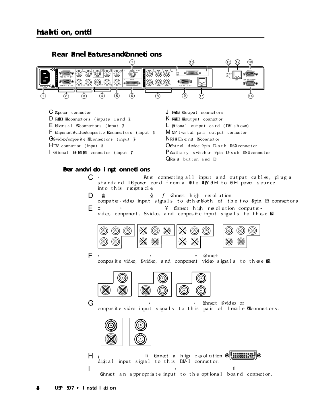 Extron electronic USP 507 Installation, cont’d, Rear Panel Features and Connections, Power and video input connections 