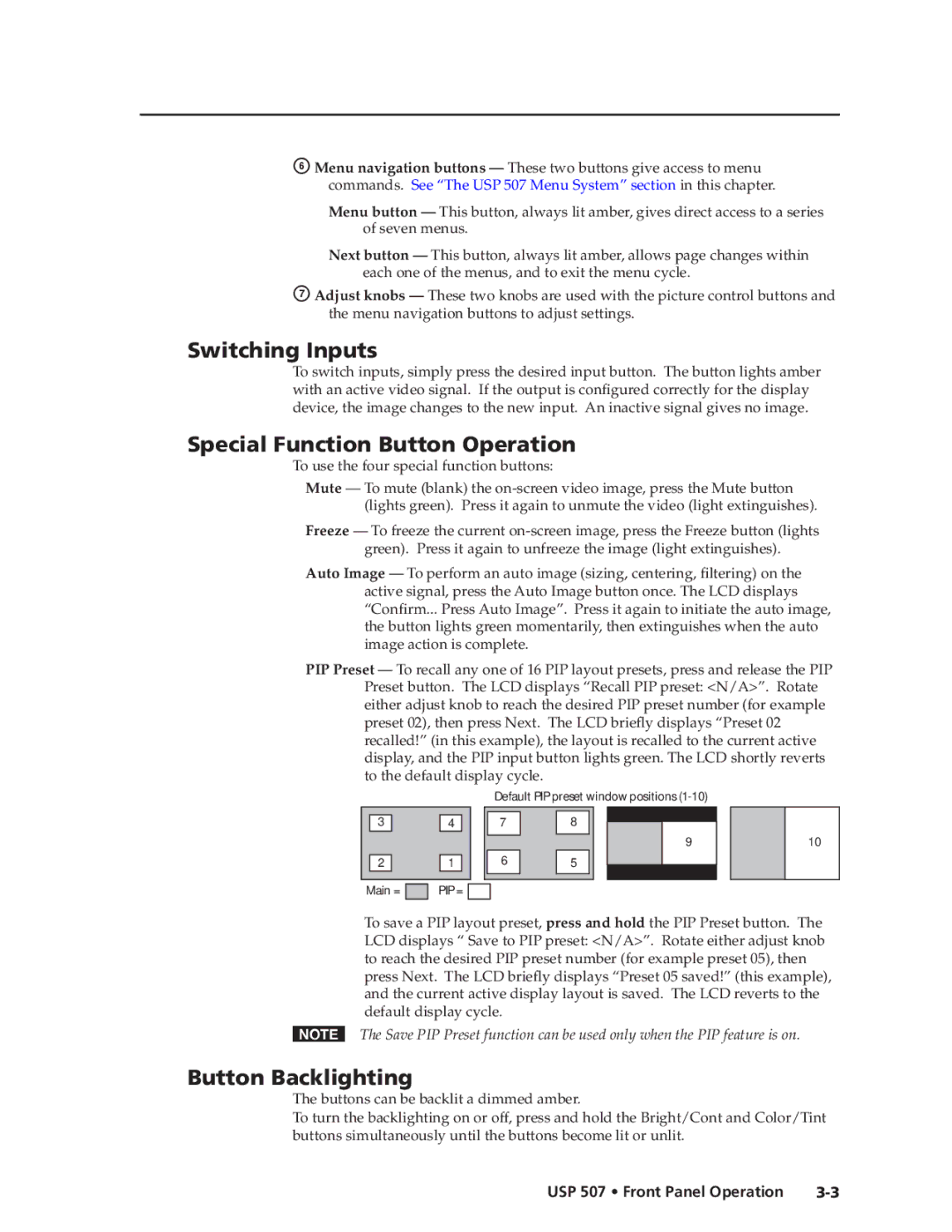 Extron electronic USP 507 manual Switching Inputs, Special Function Button Operation, Button Backlighting 