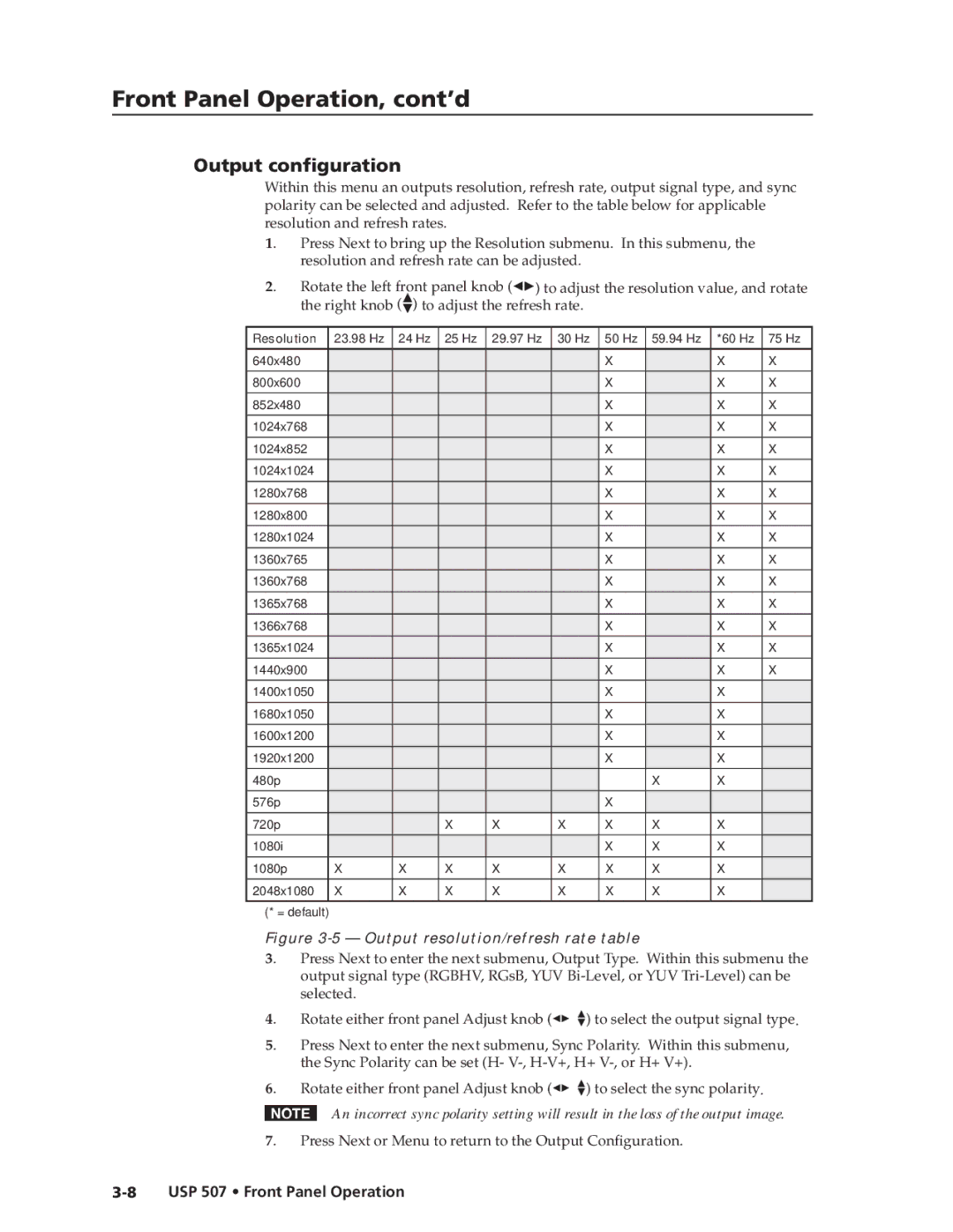 Extron electronic USP 507 manual Output configuration, Press Next or Menu to return to the Output Configuration 