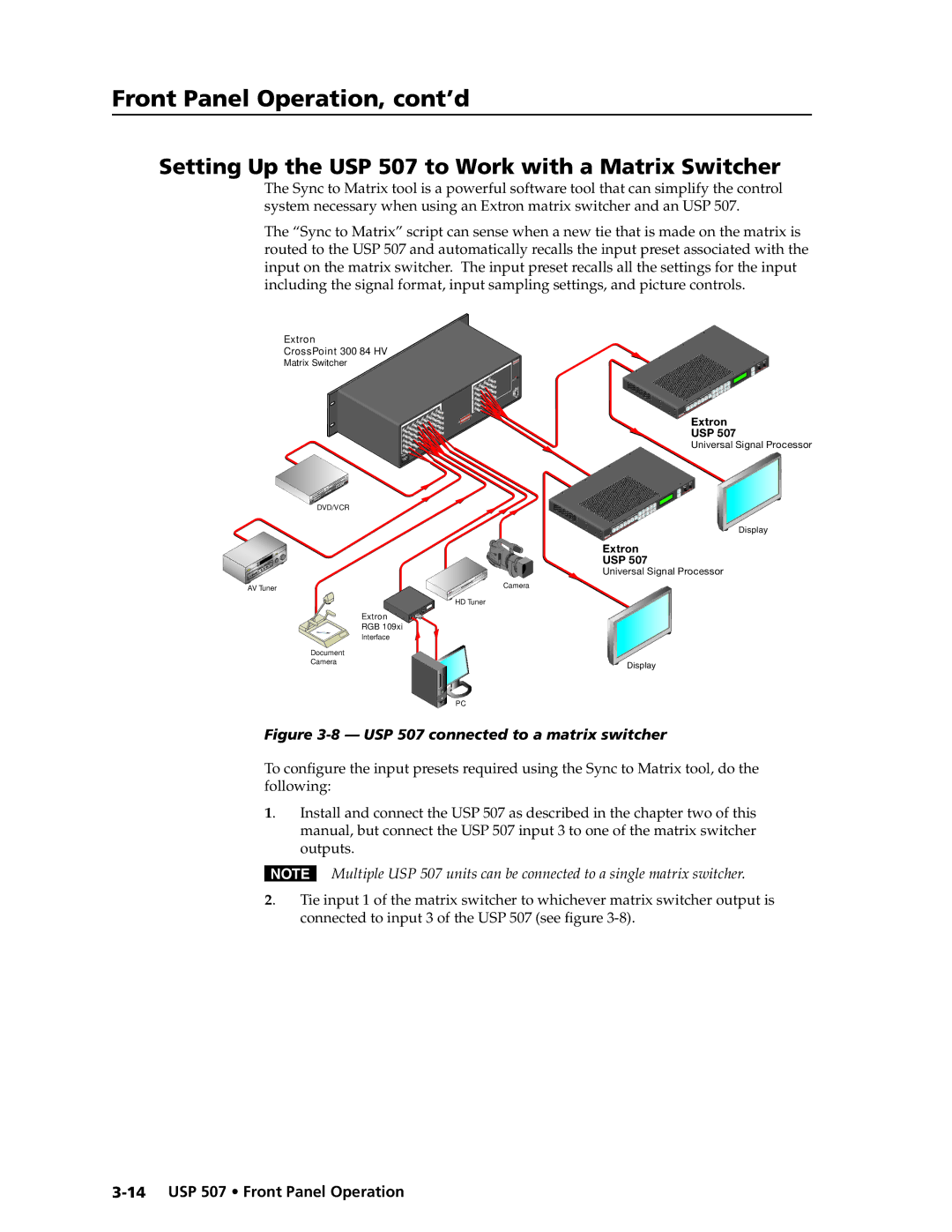 Extron electronic manual Setting Up the USP 507 to Work with a Matrix Switcher, USP 507 connected to a matrix switcher 