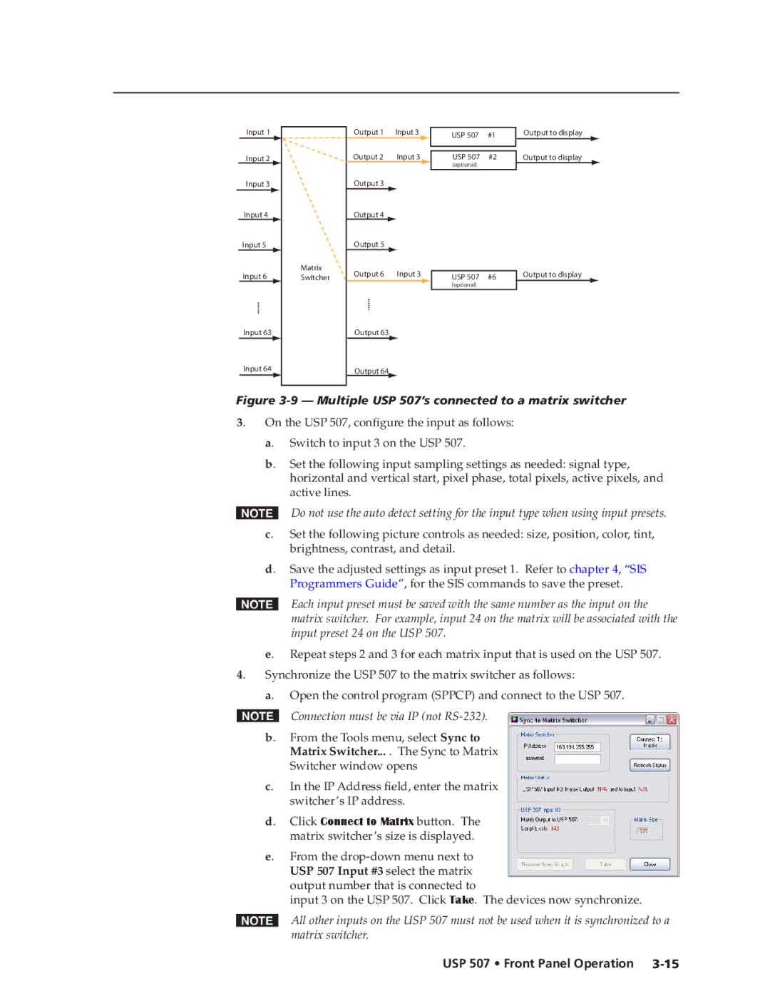 Extron electronic manual Connection must be via IP not RS-232, USP 507 Input #3 select the matrix 