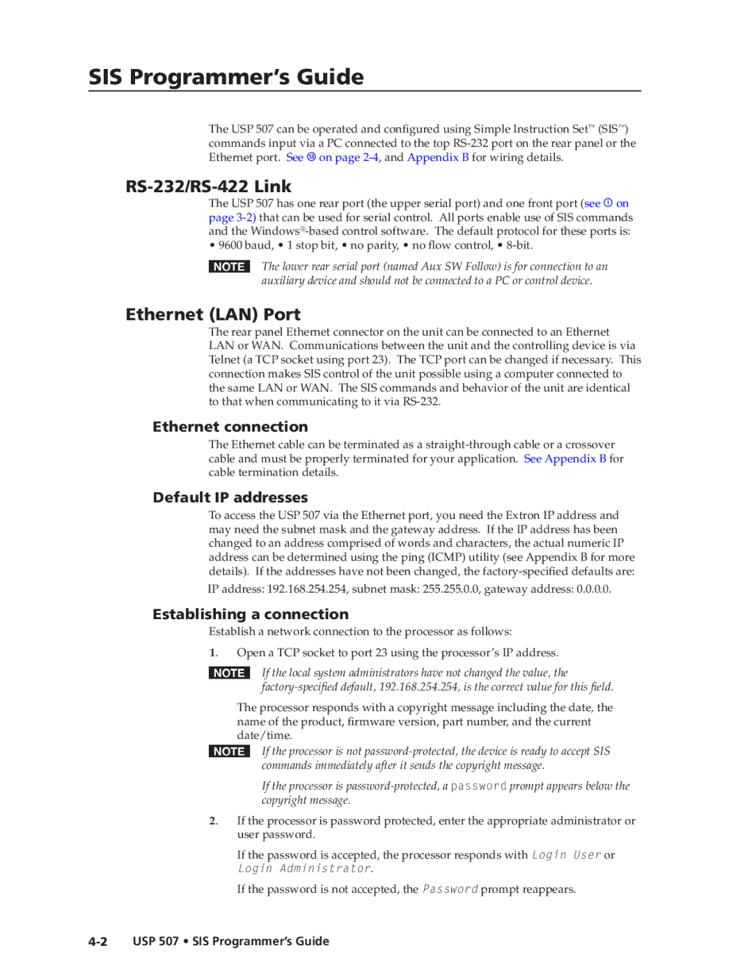 Extron electronic USP 507 manual SIS Programmer’s Guide, RS-232/RS-422 Link, Ethernet LAN\⤀ Port 