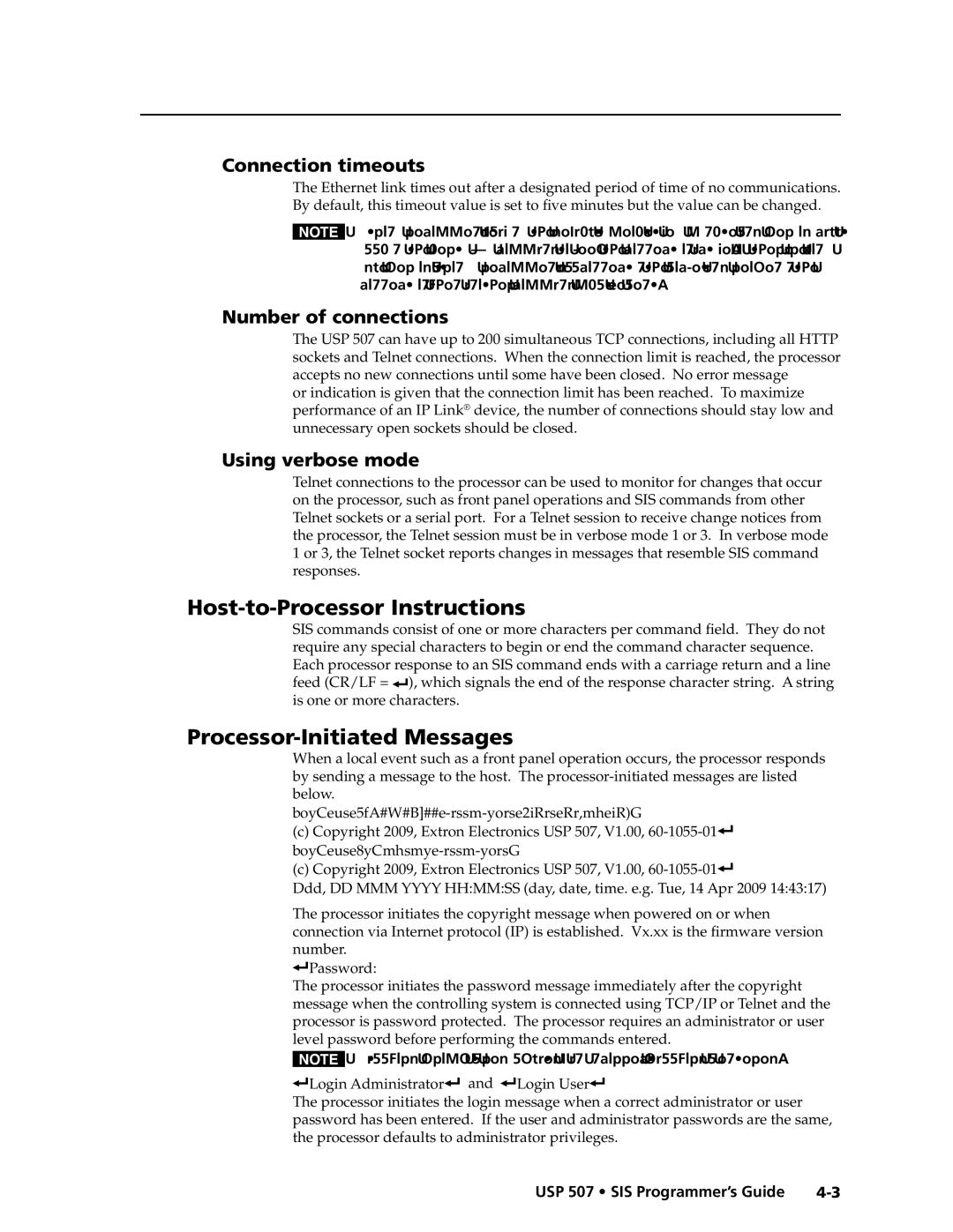 Extron electronic USP 507 manual Host-to-Processor Instructions, Processor-Initiated Messages, Connection timeouts 