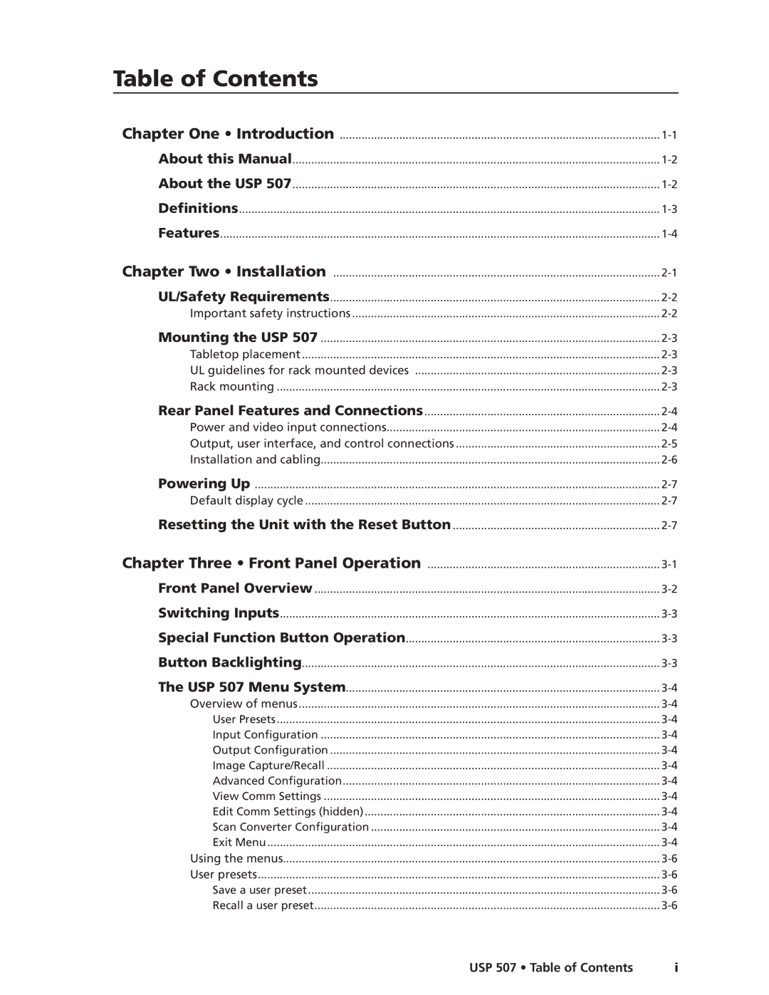 Extron electronic USP 507 manual Table of Contents 