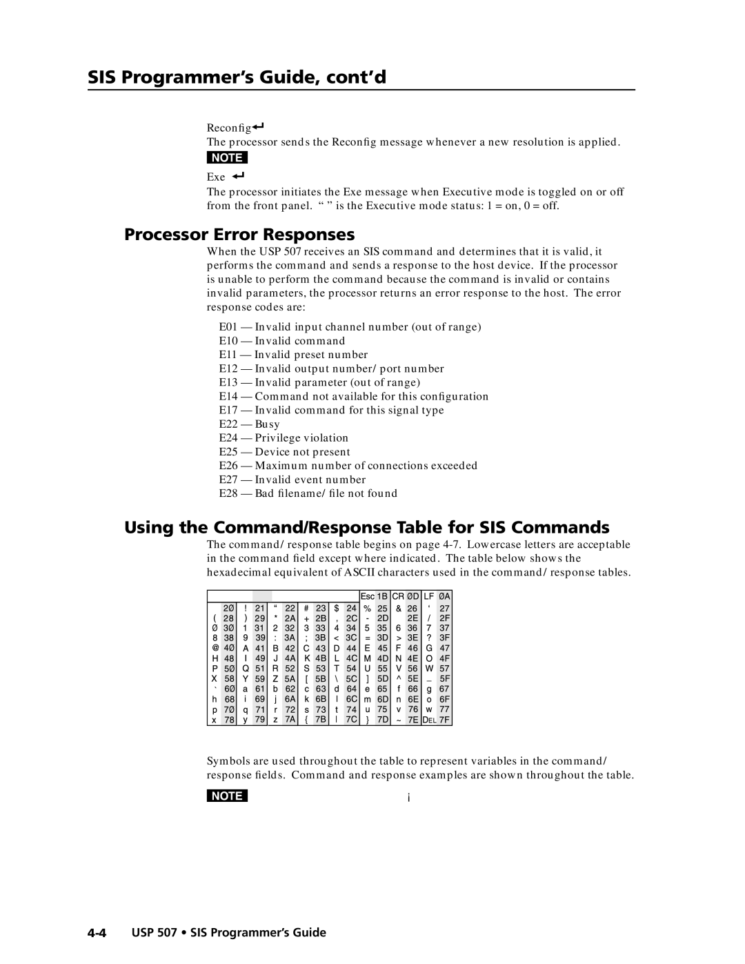 Extron electronic USP 507 manual SIS Programmer’s Guide, cont’d, Processor Error Responses 