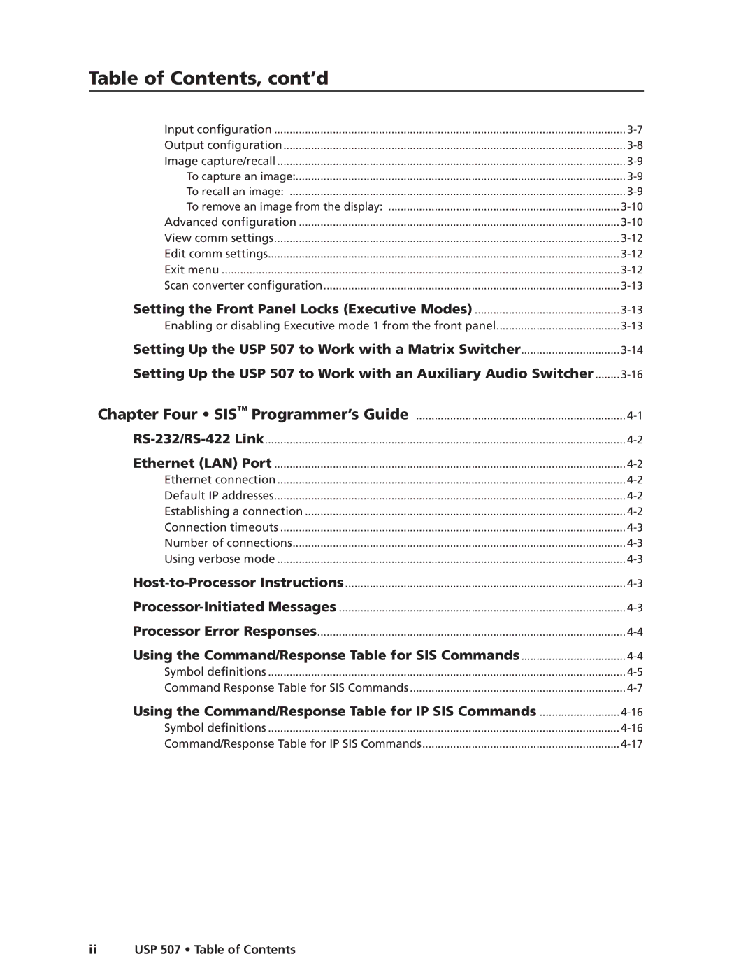 Extron electronic USP 507 manual Table of Contents, cont’d 