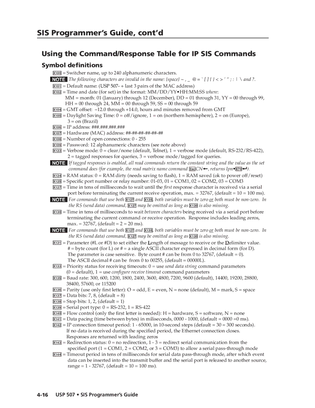 Extron electronic USP 507 manual Using the Command/Response Table for IP SIS Commands, Symbol definitions 