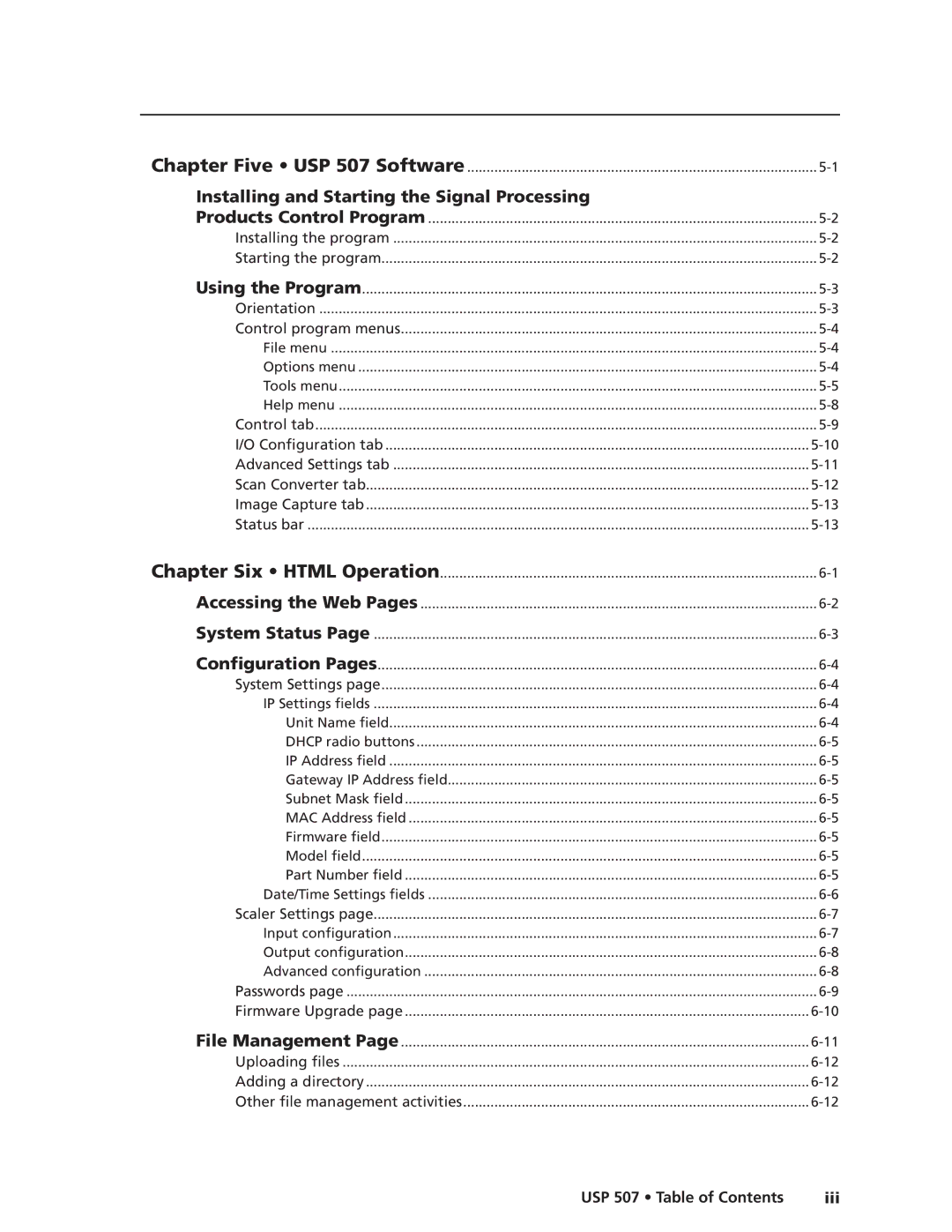 Extron electronic manual Installing and Starting the Signal Processing, USP 507 Table of Contents Iii 