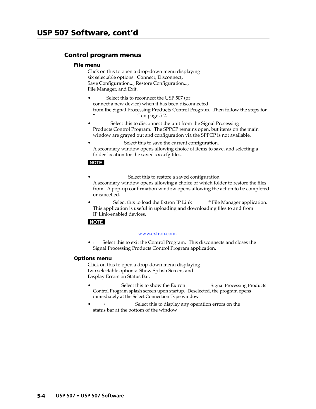 Extron electronic manual USP 507 Software, cont’d, Control program menus, File menu, Options menu 
