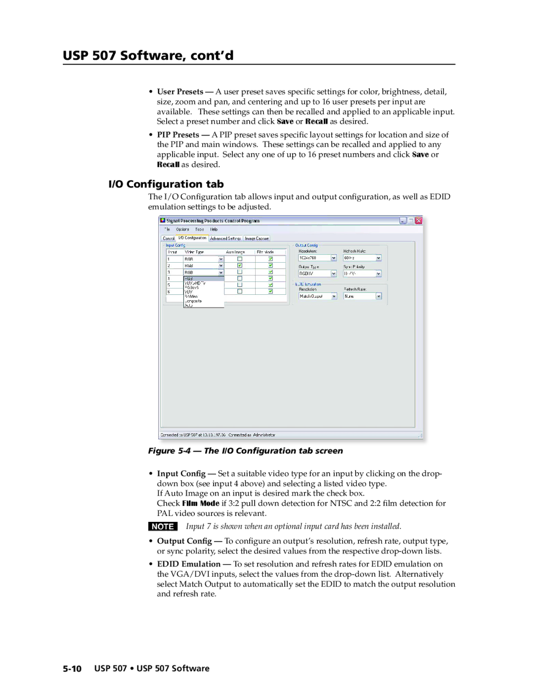 Extron electronic USP 507 manual I/O Configuration tab screen 