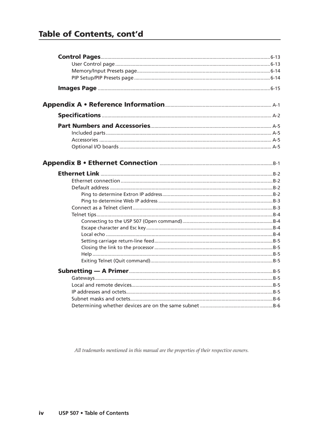 Extron electronic manual Iv USP 507 Table of Contents 