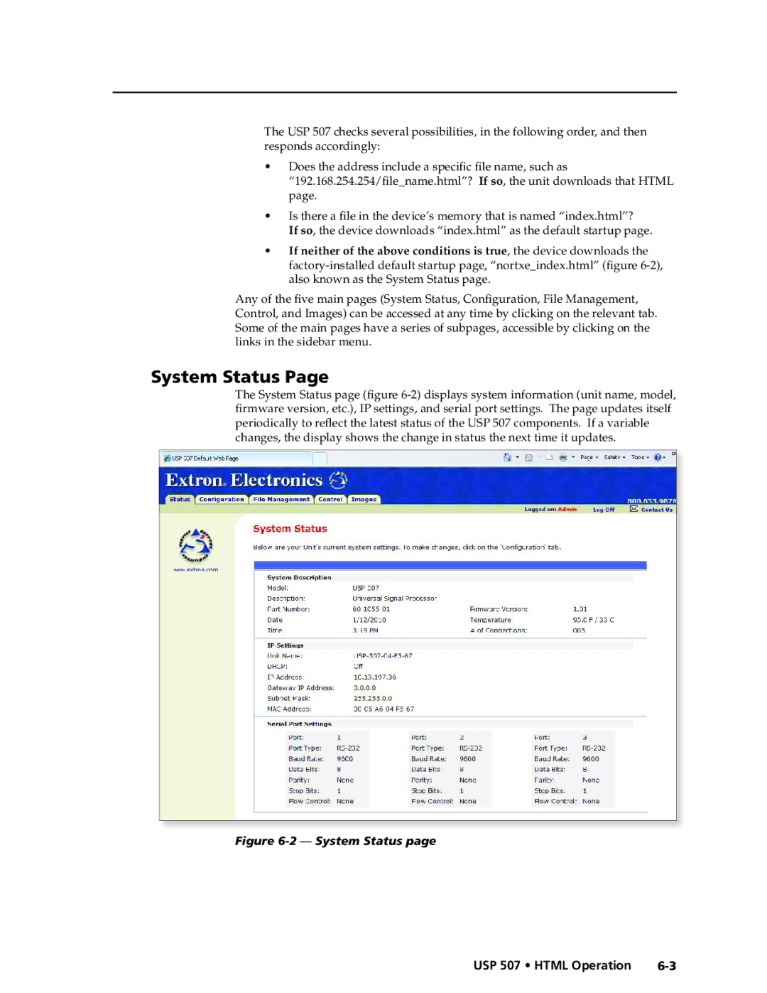 Extron electronic USP 507 manual System Status 