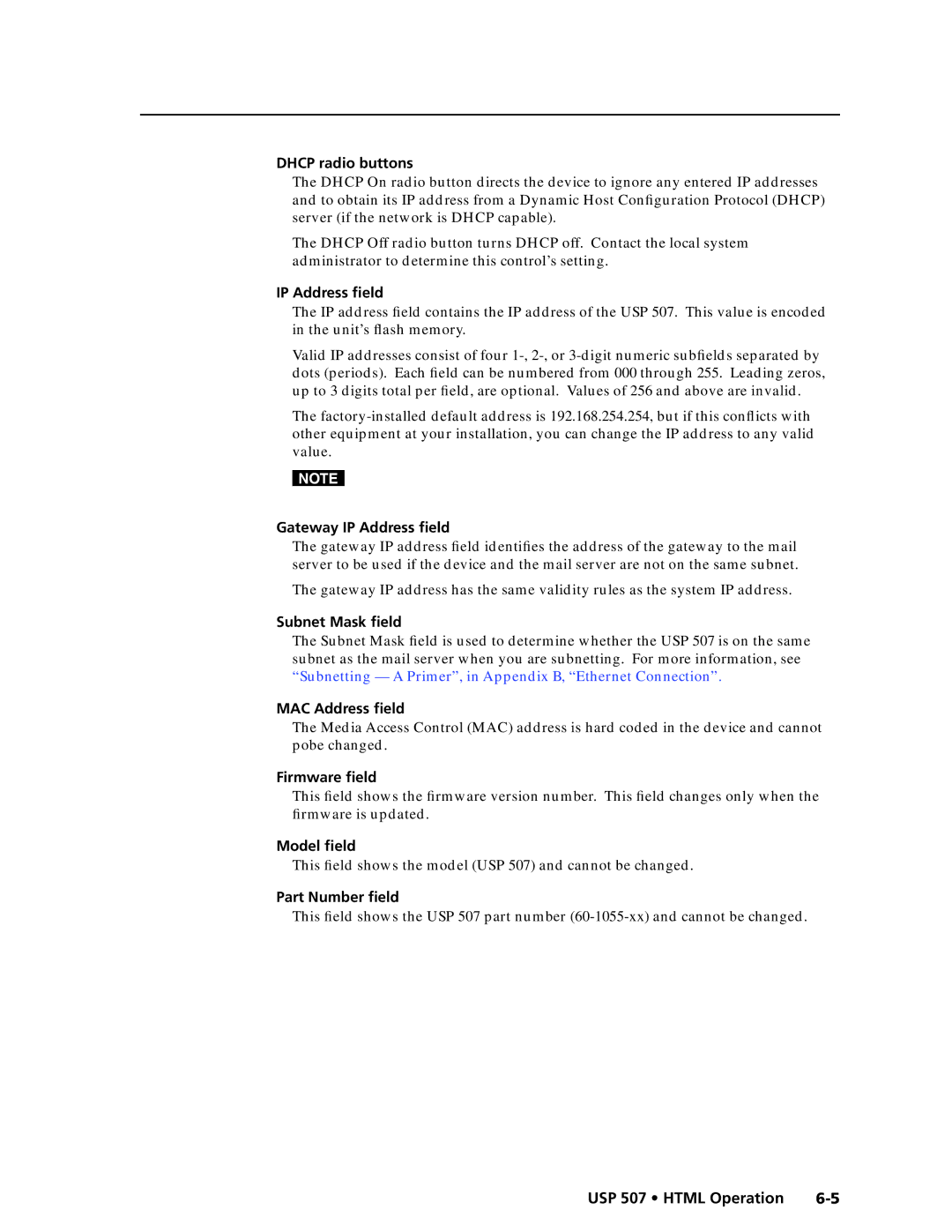 Extron electronic USP 507 manual Dhcp radio buttons, Gateway IP Address field, Subnet Mask field, MAC Address field 