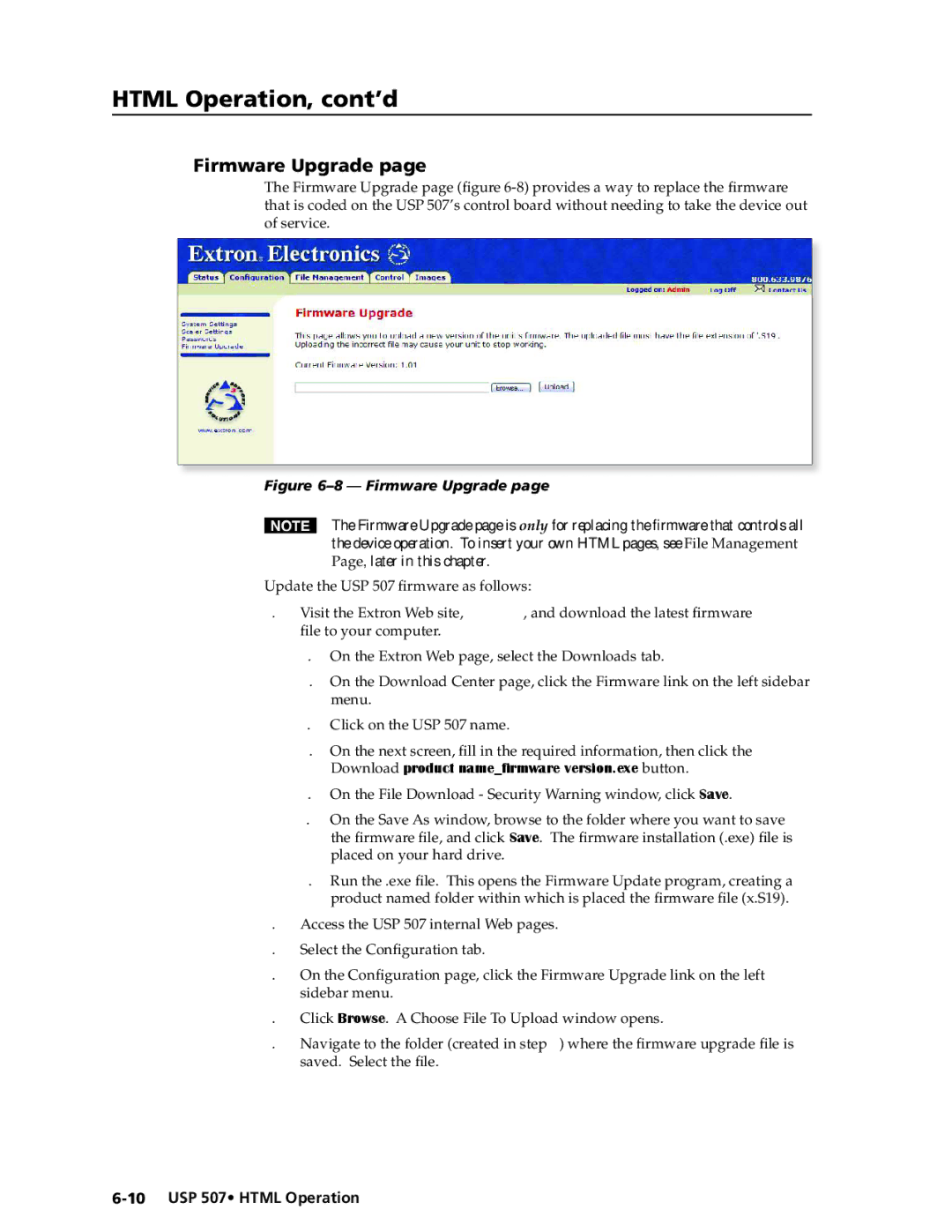 Extron electronic USP 507 manual Firmware Upgrade, Download product namefirmware version.exe button 