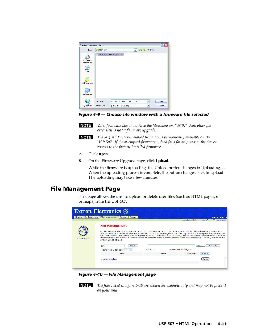 Extron electronic USP 507 manual File Management, Choose file window with a firmware file selected 