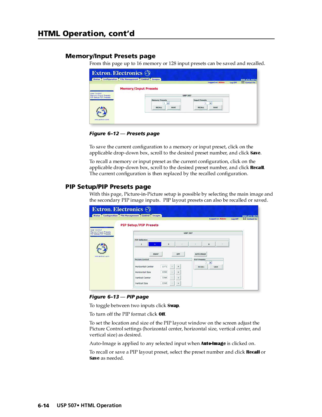 Extron electronic USP 507 manual Memory/Input Presets, PIP Setup/PIP Presets 