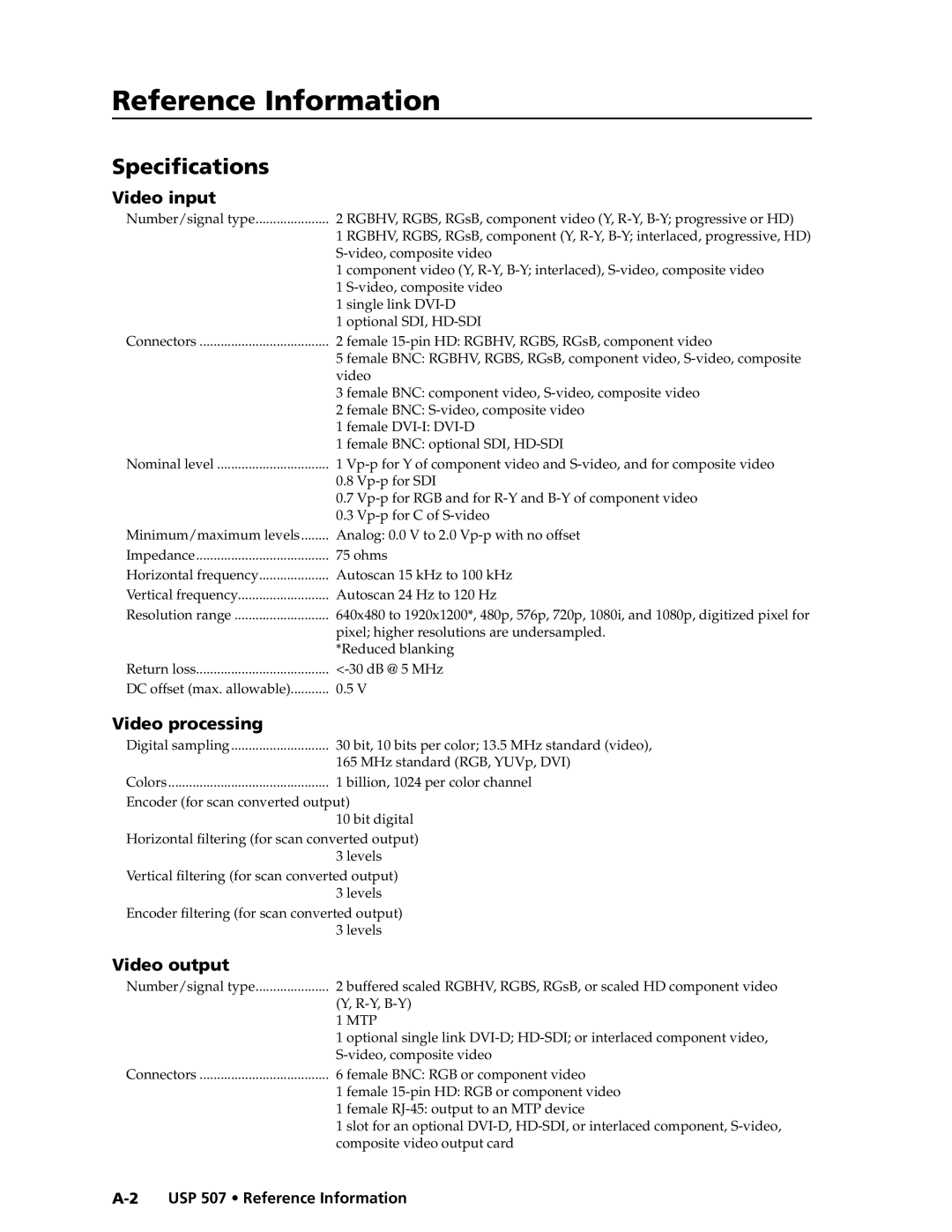 Extron electronic manual Specifications, USP 507 Reference Information 