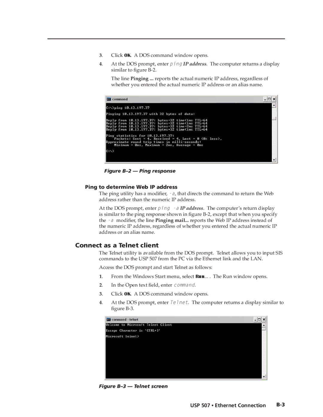 Extron electronic manual Connect as a Telnet client, Ping to determine Web IP address, USP 507 Ethernet Connection 