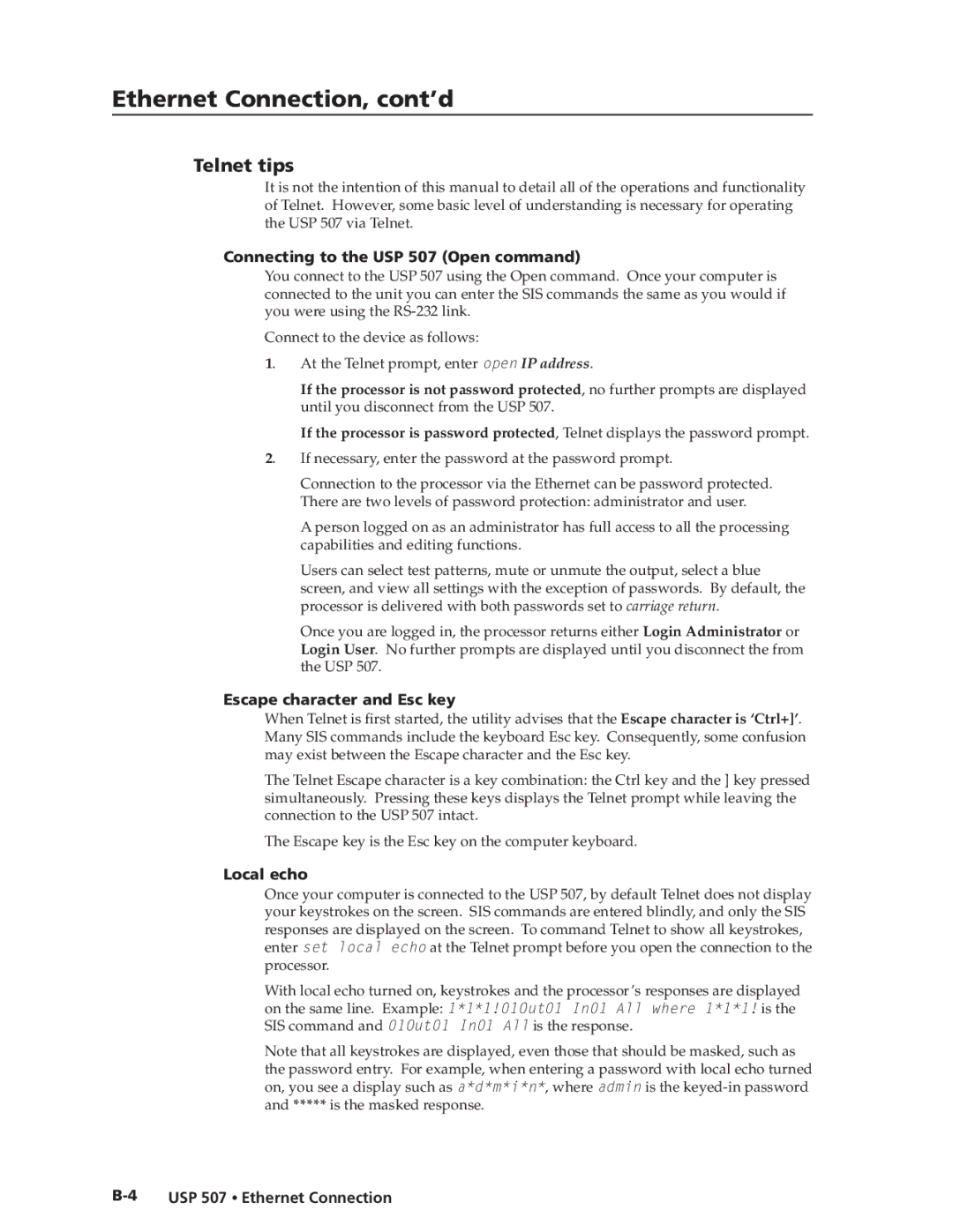 Extron electronic manual Ethernet Connection, cont’d, Telnet tips, Connecting to the USP 507 Open command\⤀, Local echo 