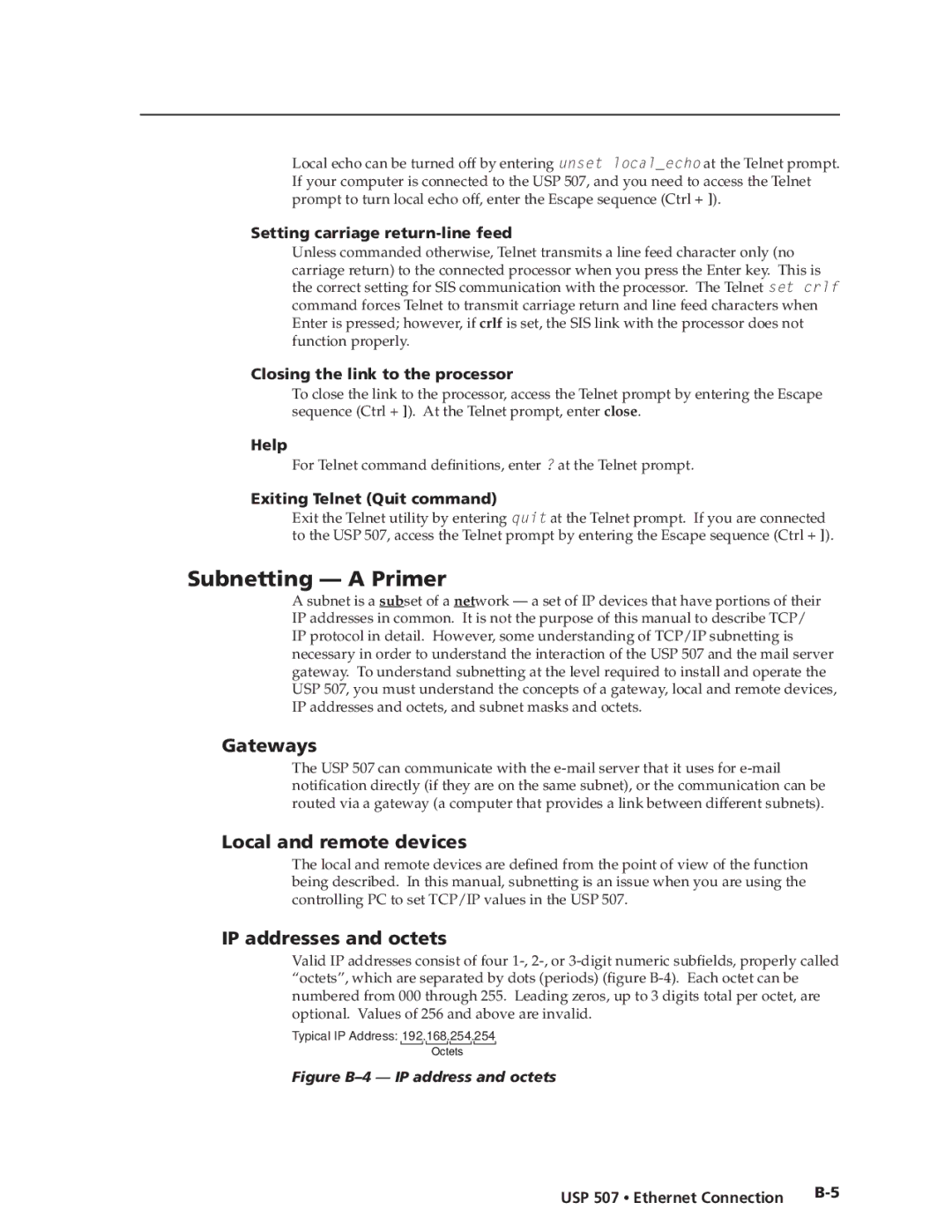 Extron electronic USP 507 manual Subnetting a Primer, Gateways, Local and remote devices, IP addresses and octets 