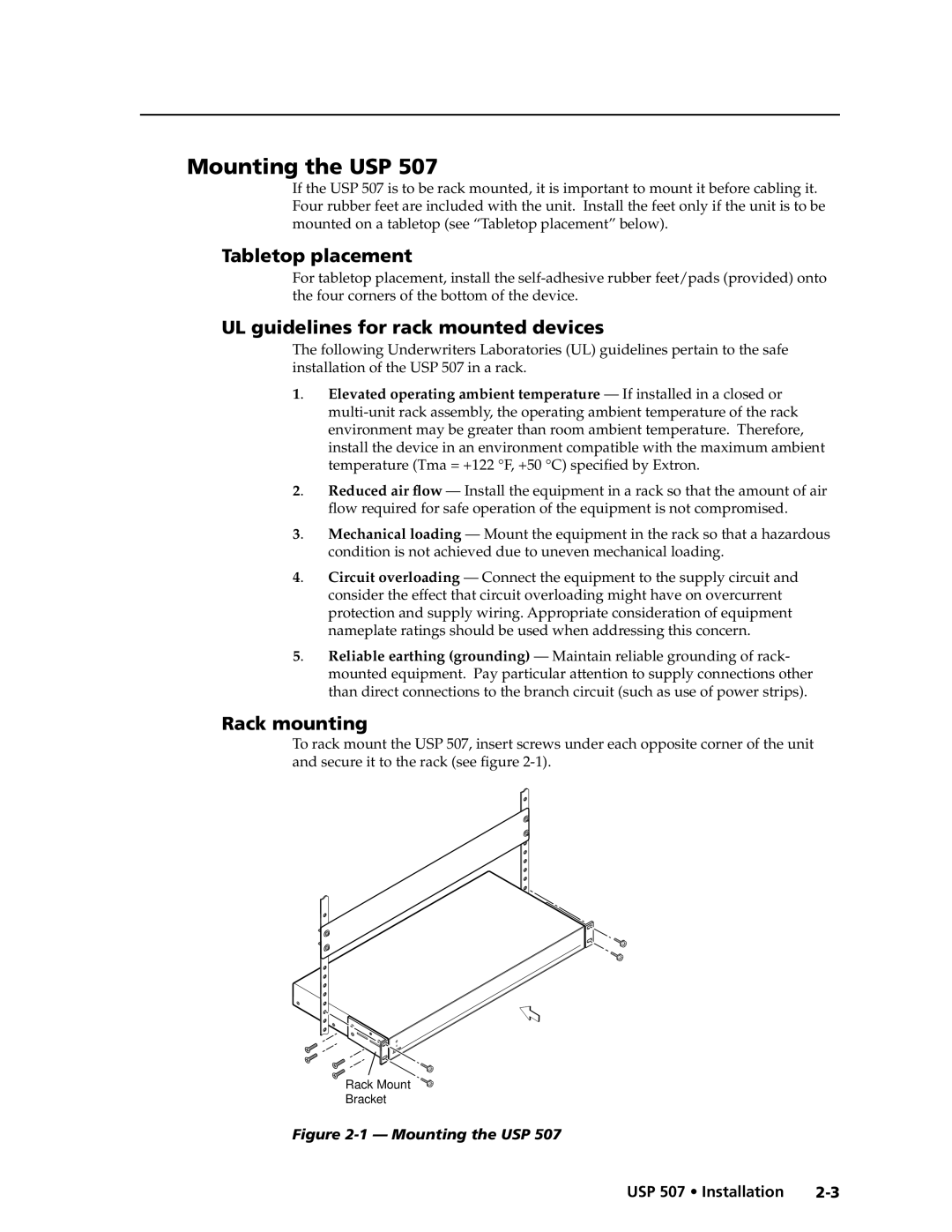 Extron electronic USP 507 Mounting the USP, Tabletop placement, UL guidelines for rack mounted devices, Rack mounting 