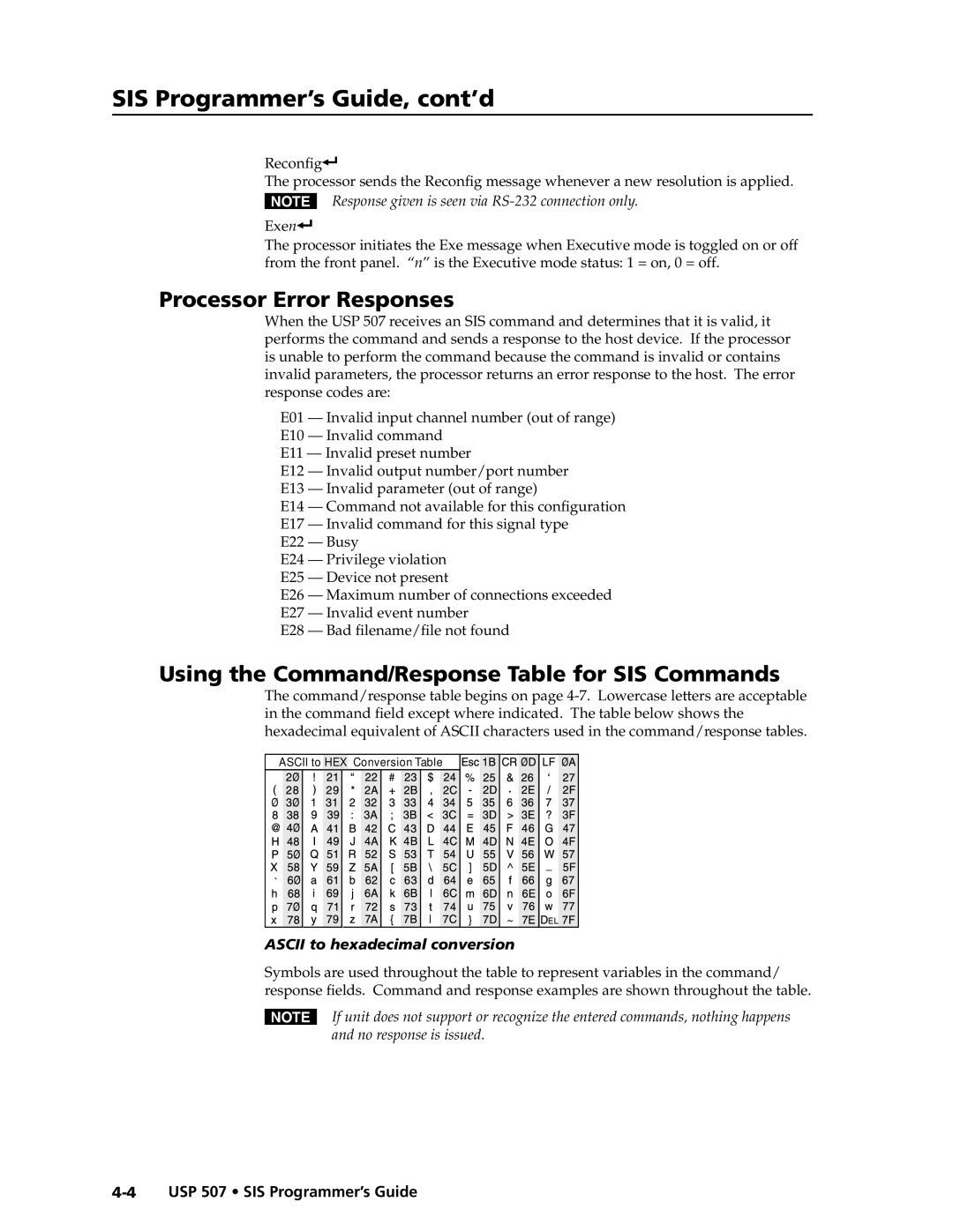Extron electronic USP 507 manual SIS Programmer’s Guide, cont’d, Processor Error Responses, ASCII to hexadecimal conversion 