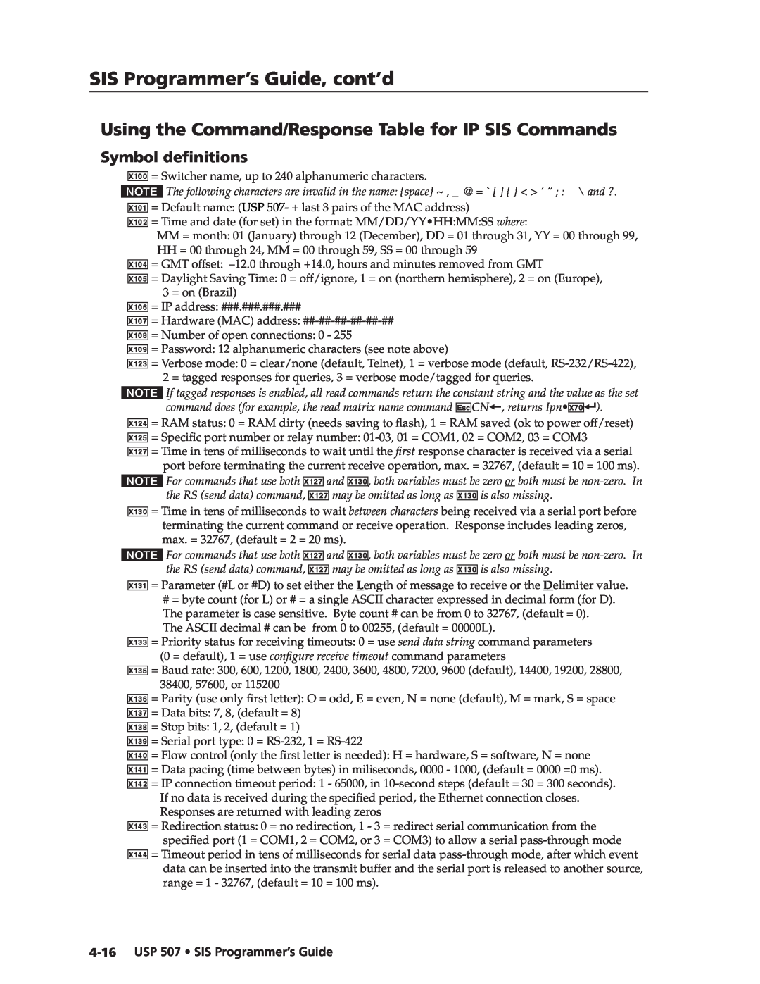 Extron electronic manual SIS Programmer’s Guide, cont’d, Symbol definitions, 4-16USP 507 • SIS Programmer’s Guide 