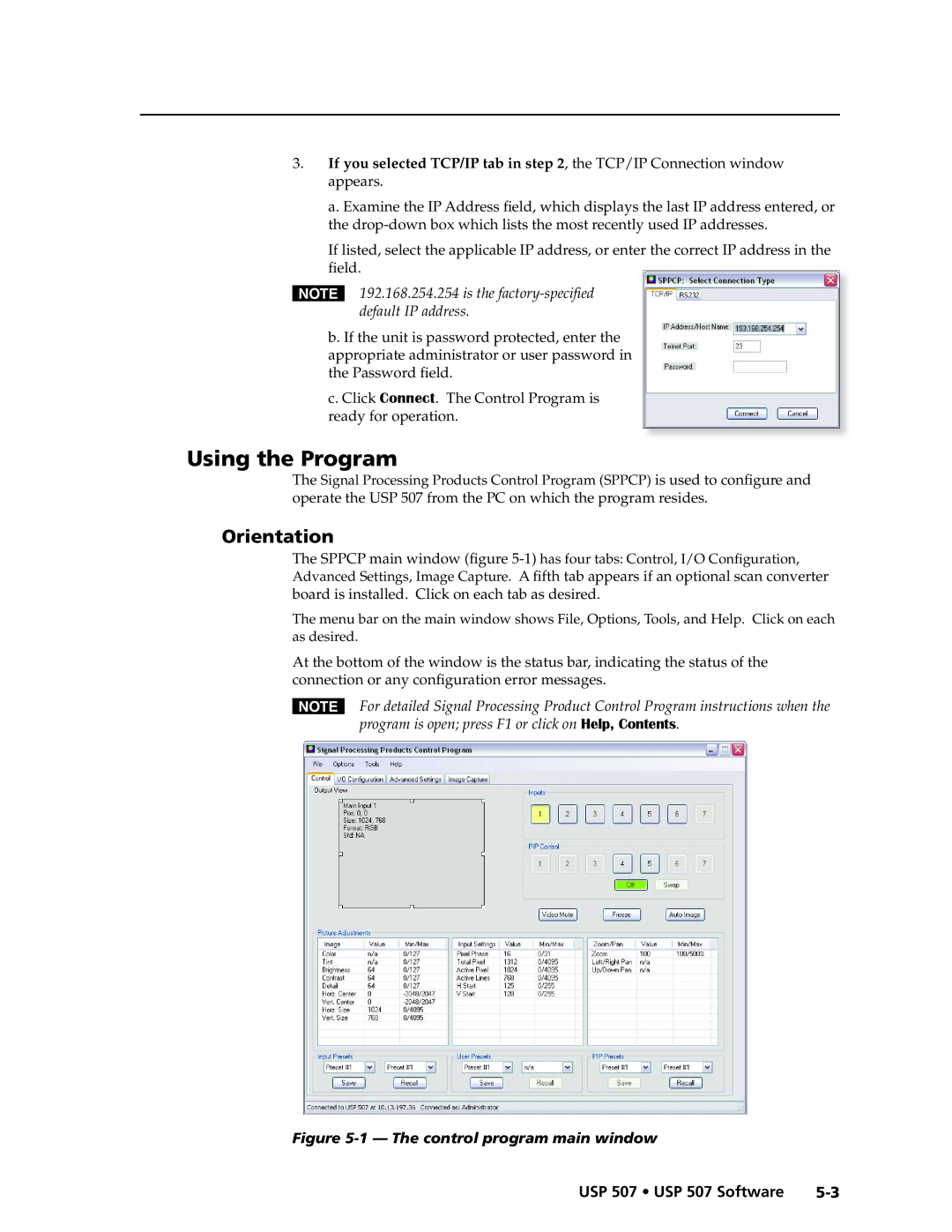 Extron electronic manual Using the Program, Orientation, 1— The control program main window, USP 507 USP 507 Software 