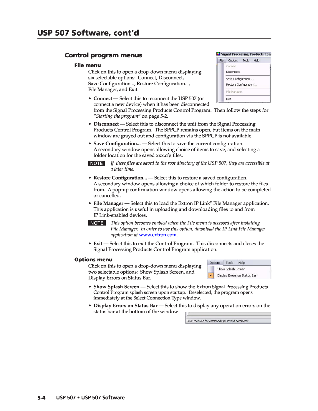 Extron electronic manual USP 507 Software, cont’d, Control program menus, File menu, Options menu 