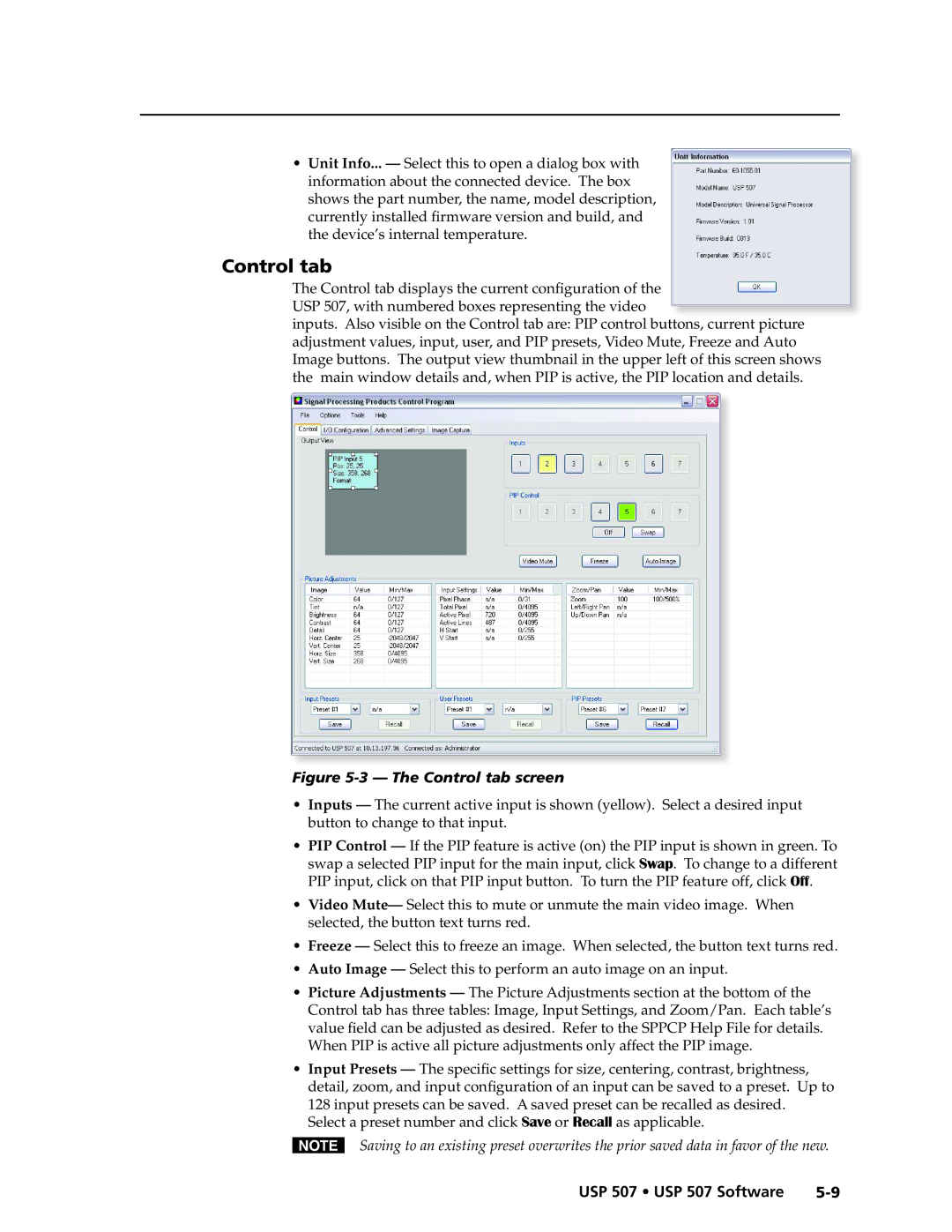 Extron electronic manual 3— The Control tab screen, USP 507 • USP 507 Software 