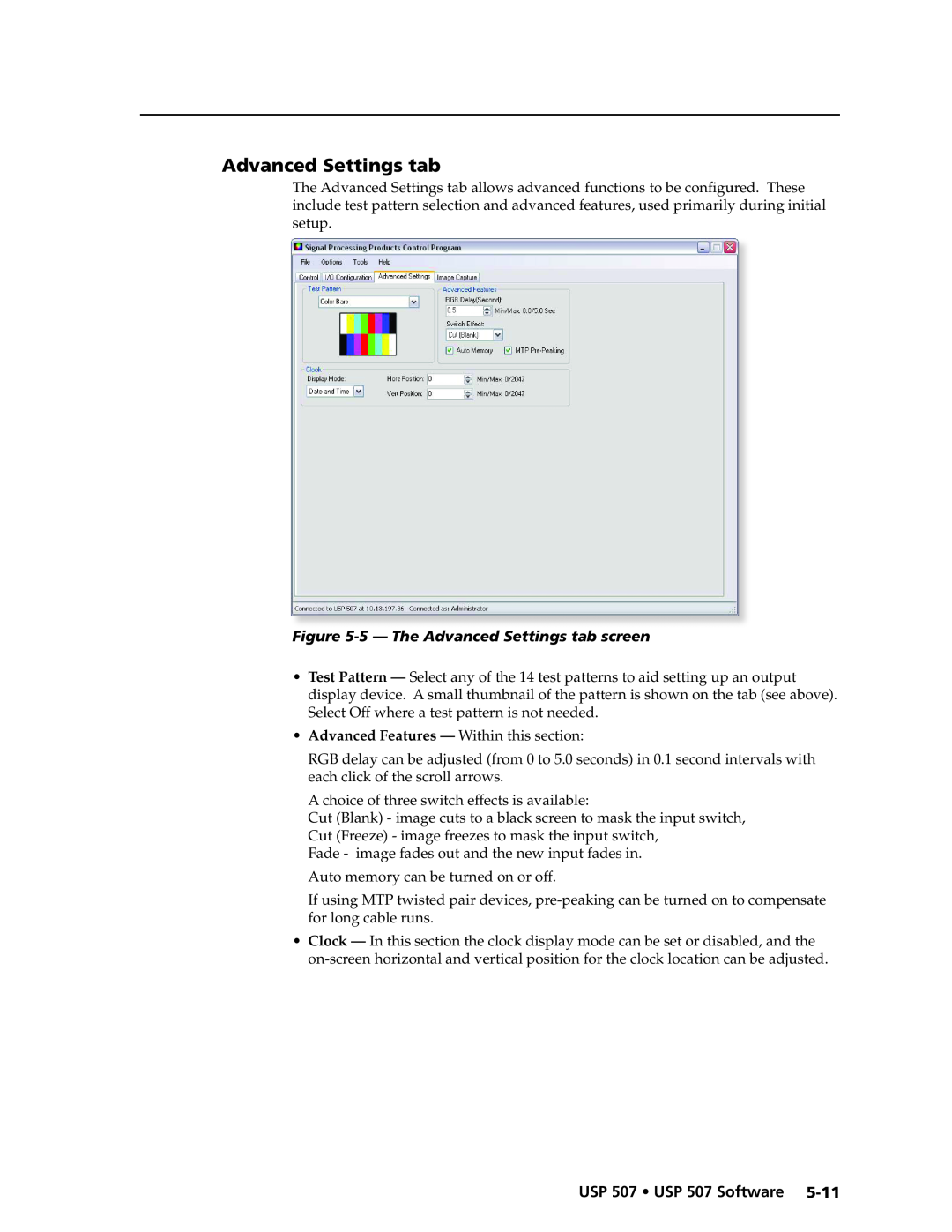 Extron electronic manual 5— The Advanced Settings tab screen, USP 507 USP 507 Software 