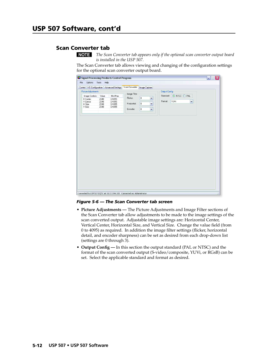 Extron electronic manual USP 507 Software, cont’d, 6— The Scan Converter tab screen, 5-12USP 507 • USP 507 Software 