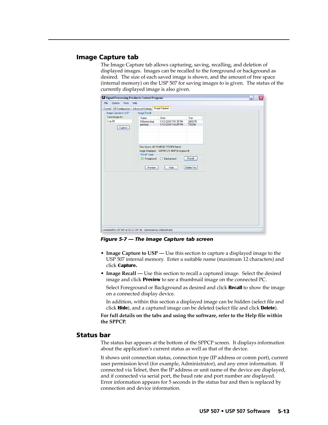 Extron electronic manual Status bar, 7— The Image Capture tab screen, USP 507 • USP 507 Software 