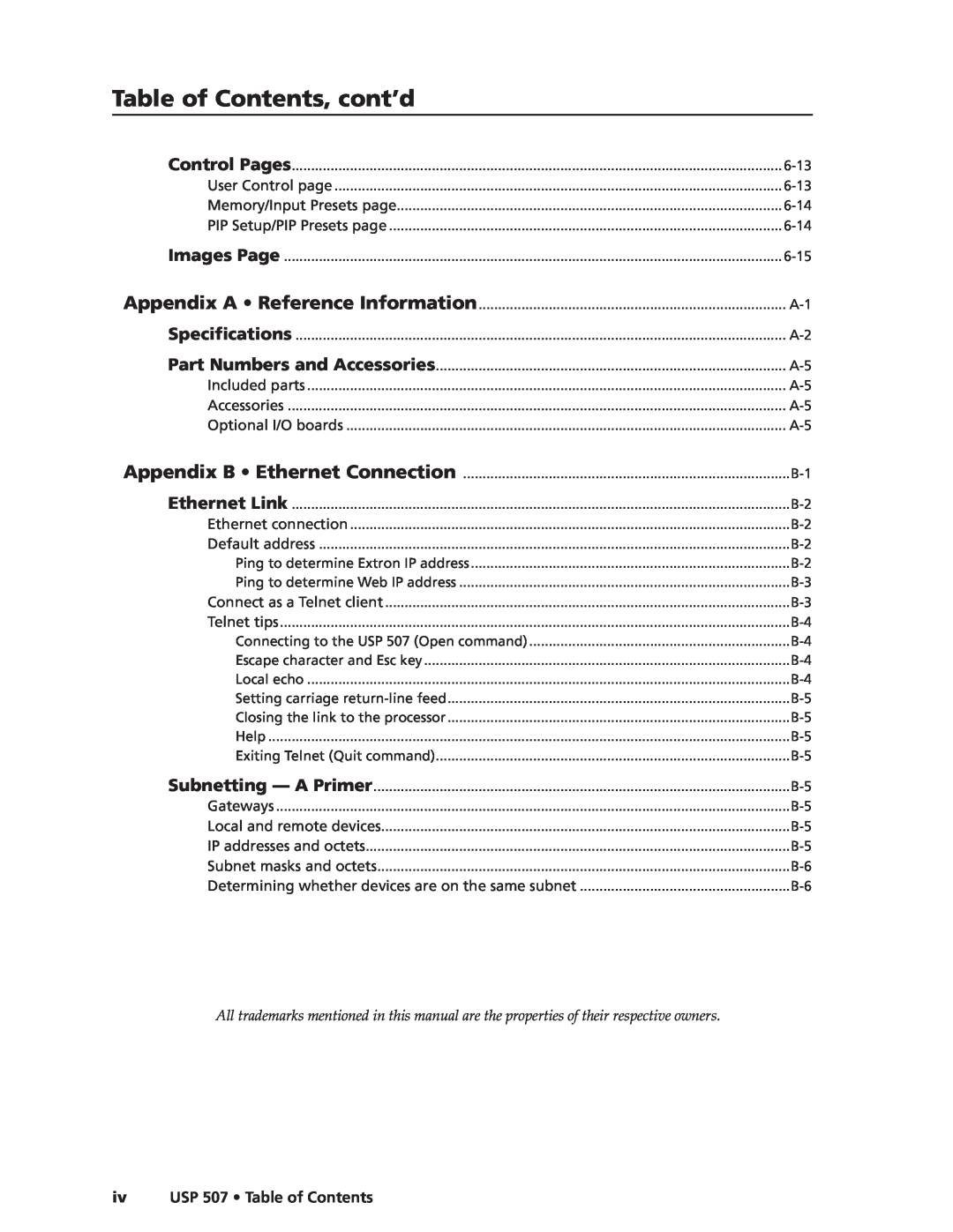 Extron electronic manual Table of Contents, cont’d, ivUSP 507 • Table of Contents 