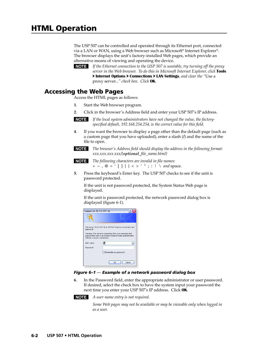Extron electronic manual Accessing the Web Pages, 6-2USP 507 • HTML Operation 