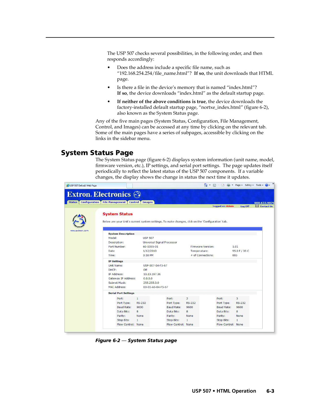 Extron electronic manual System Status Page, 2 — System Status page, USP 507 • HTML Operation 